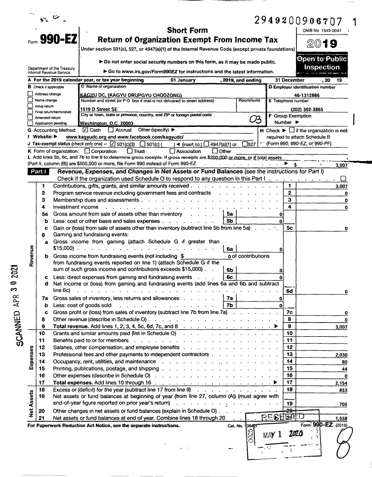 Image of first page of 2019 Form 990EZ for Kagyu DC