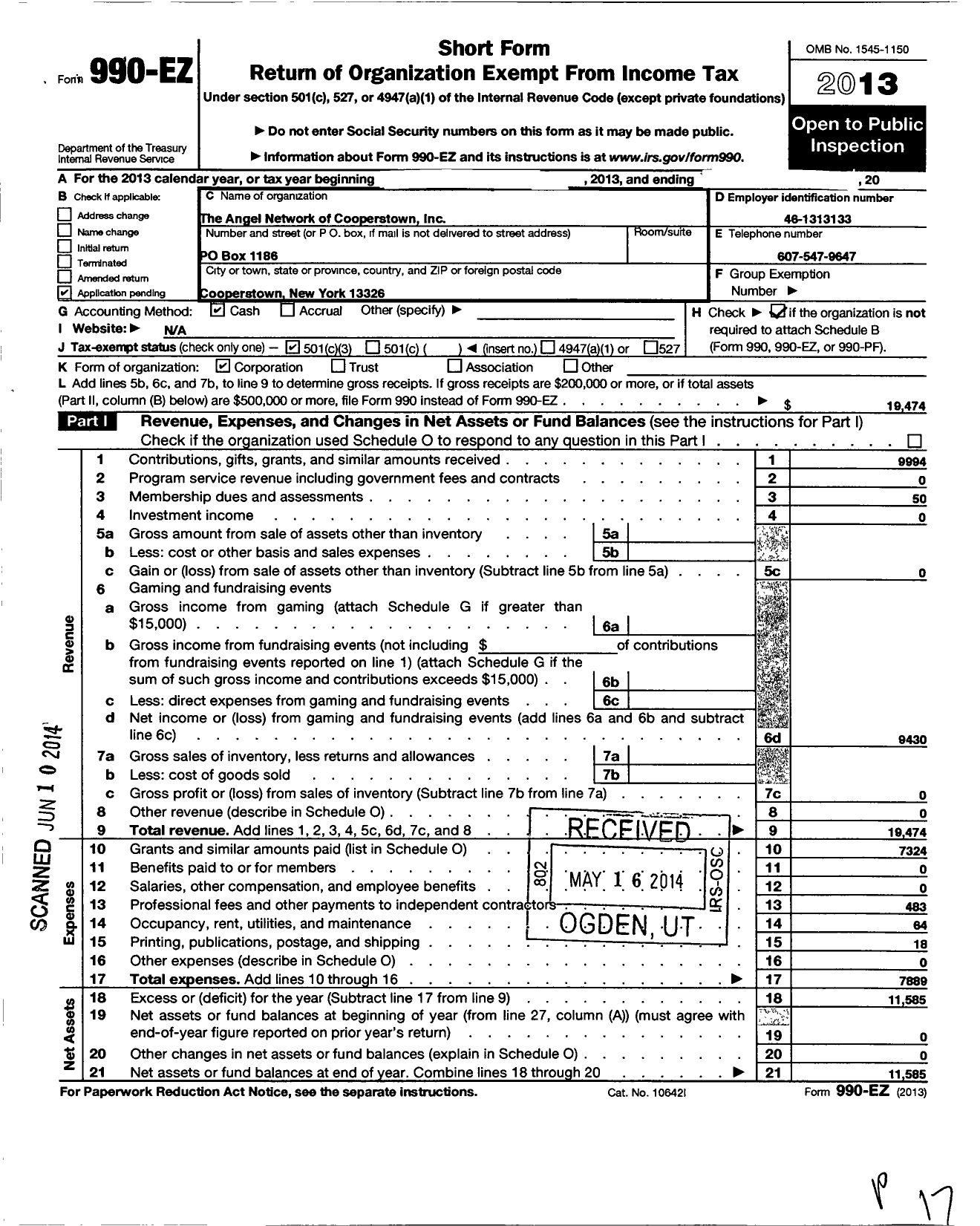 Image of first page of 2013 Form 990EZ for Angel Network of Cooperstown