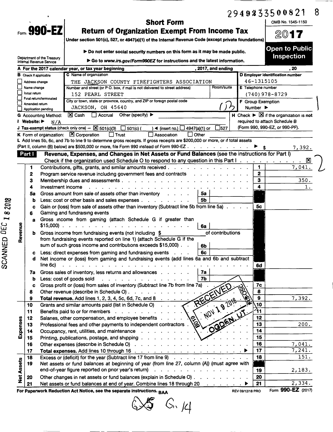 Image of first page of 2017 Form 990EZ for The Jackson County Firefighters Association