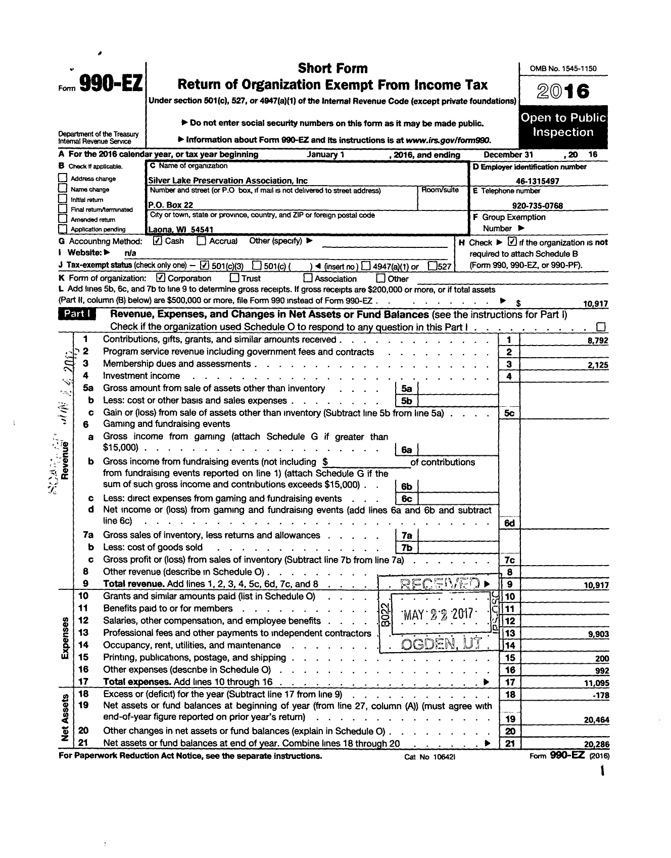 Image of first page of 2016 Form 990EZ for Silver Lake Preservation Association