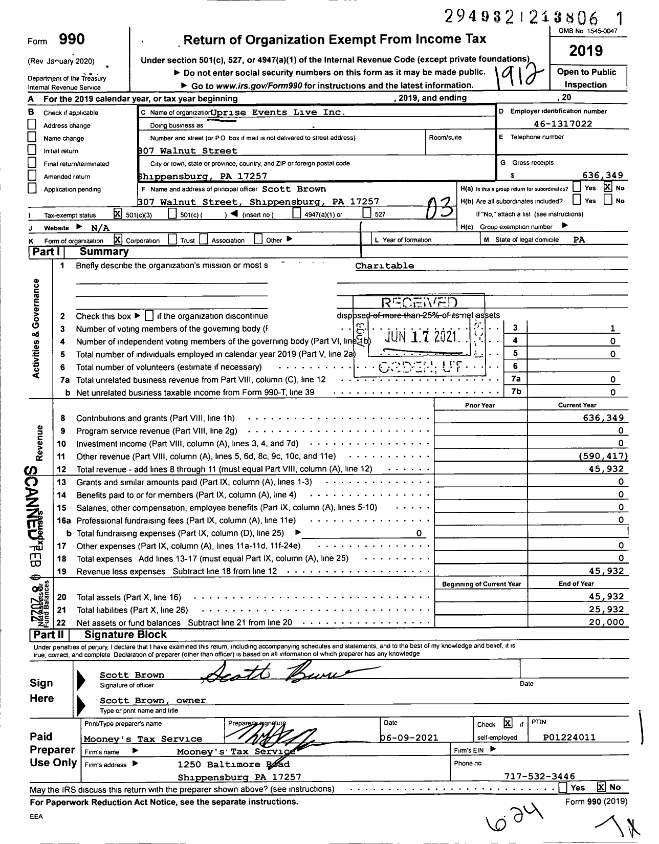 Image of first page of 2019 Form 990 for Uprise Events Live Scott Brown