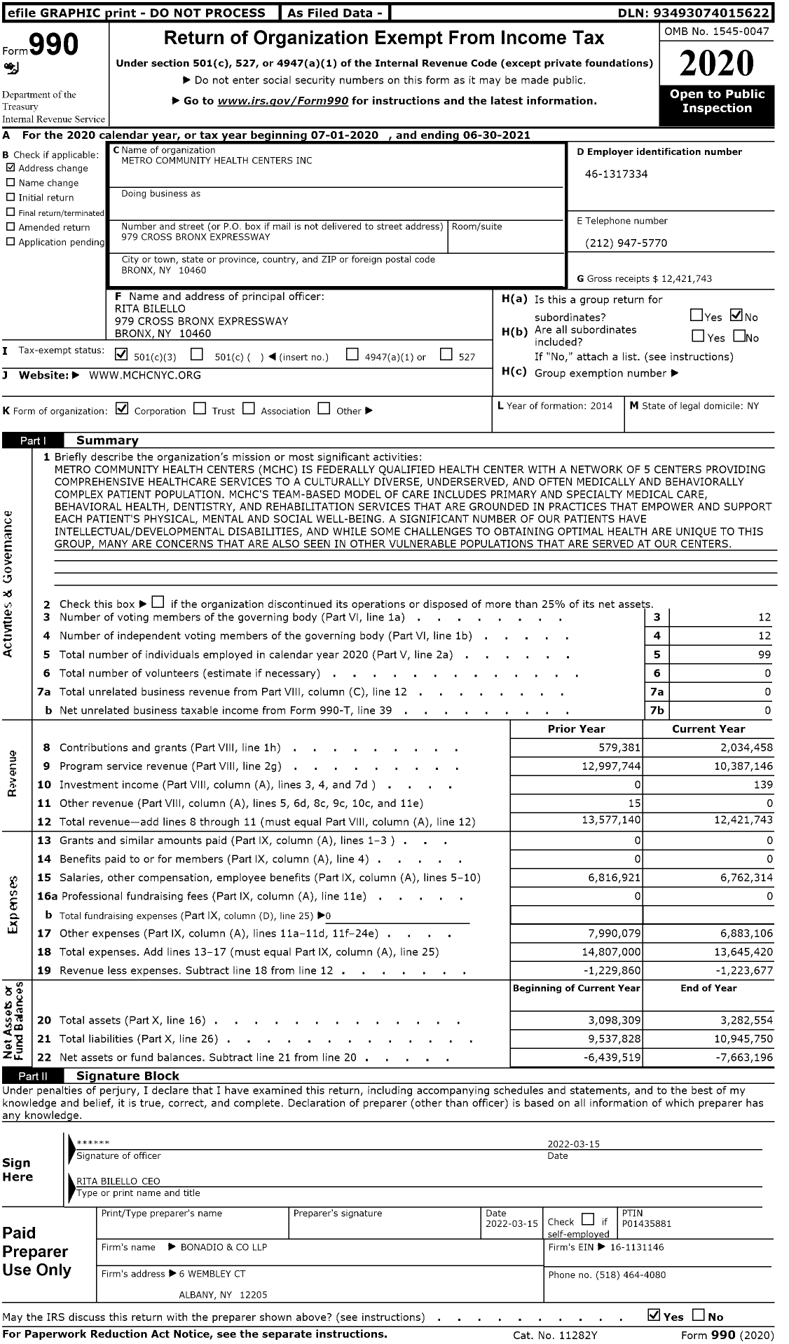 Image of first page of 2020 Form 990 for Metro Community Health Centers (MCHCNYC)