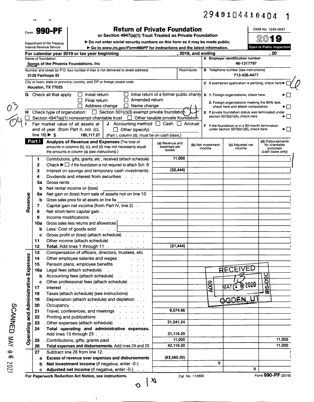 Image of first page of 2019 Form 990PF for Songs of the Phoenix Foundation