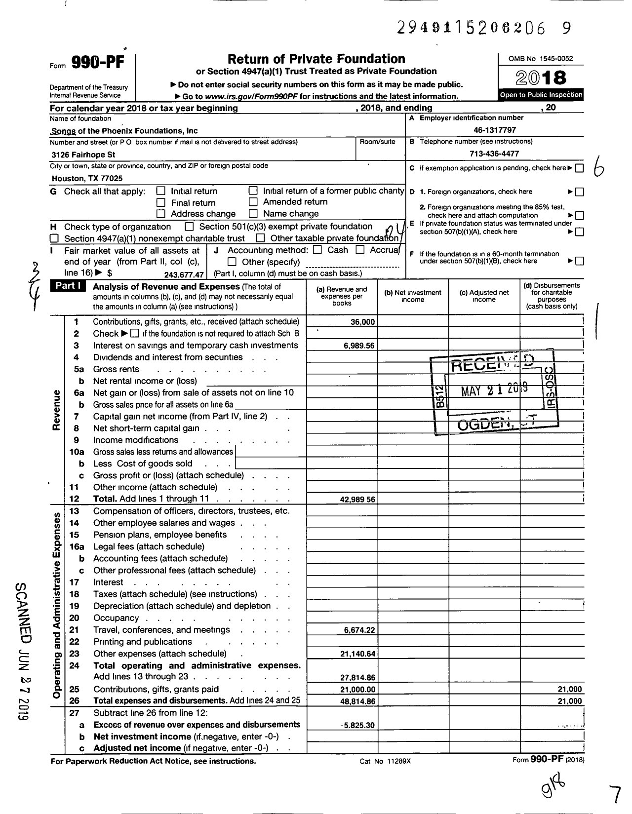 Image of first page of 2018 Form 990PF for Songs of the Phoenix Foundation