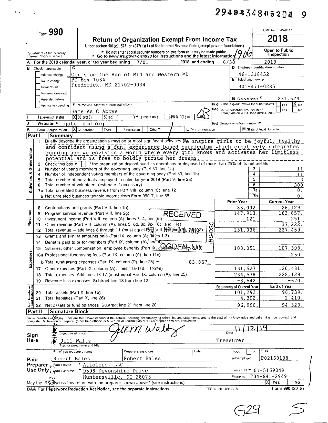 Image of first page of 2018 Form 990 for Girls on the Run of Mid and Western Mary