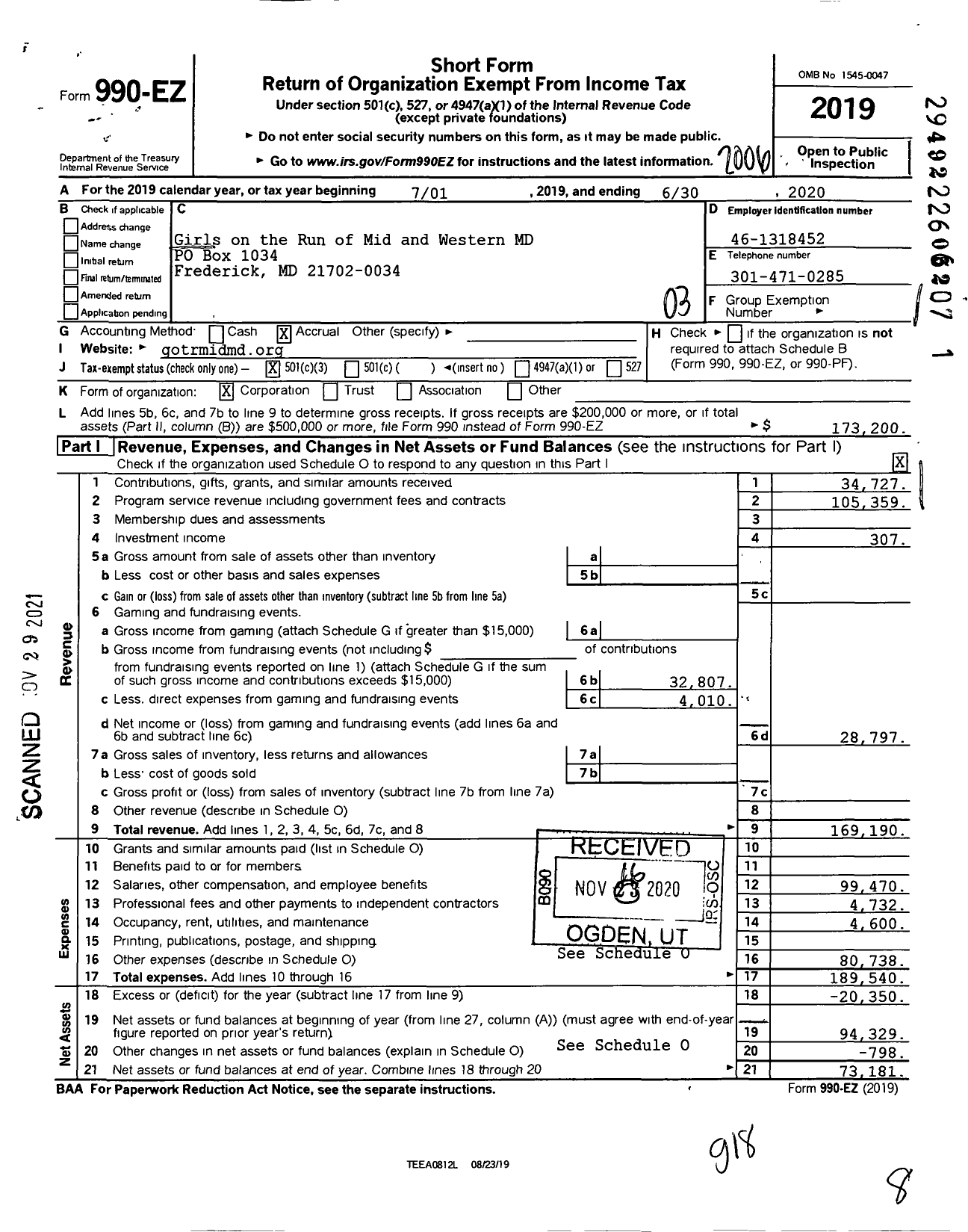 Image of first page of 2019 Form 990EZ for Girls on the Run of Mid and Western Mary