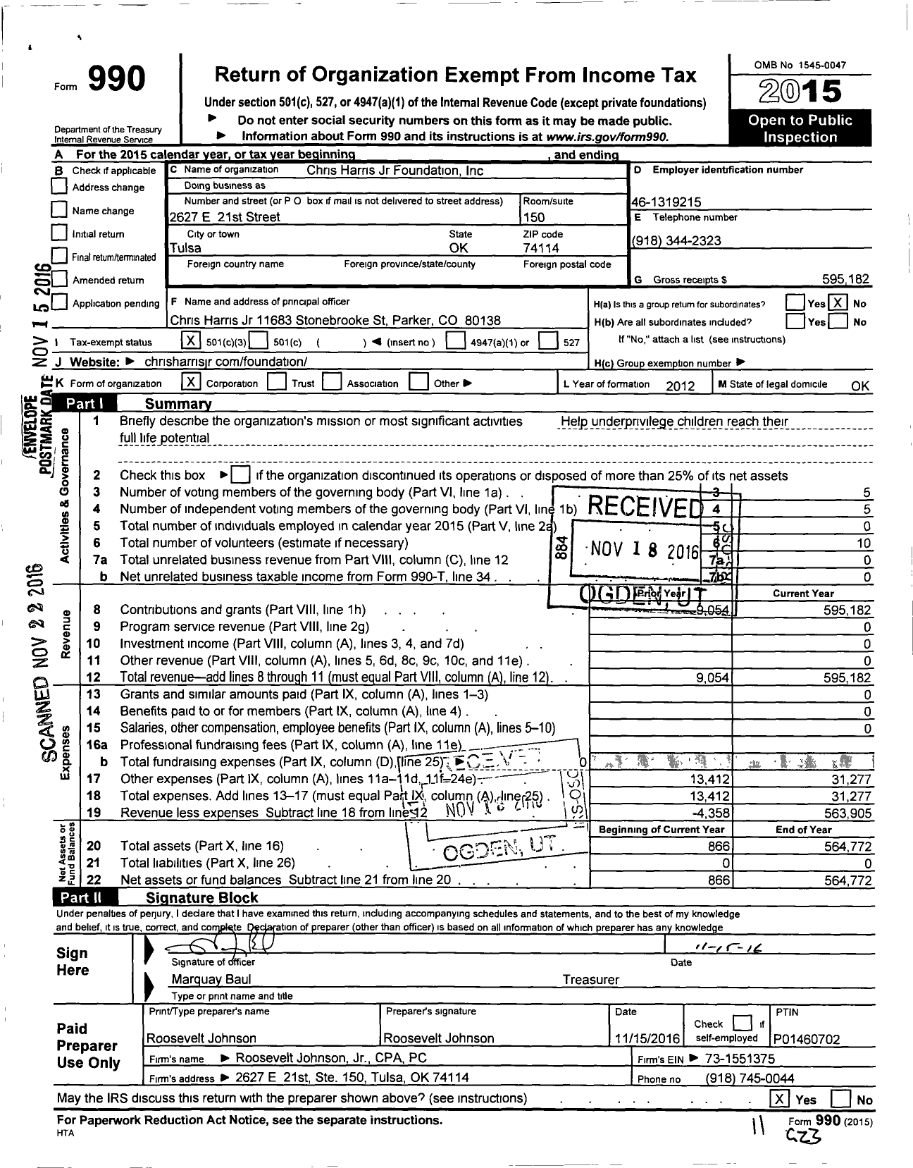 Image of first page of 2015 Form 990 for Chris Harris JR Foundation