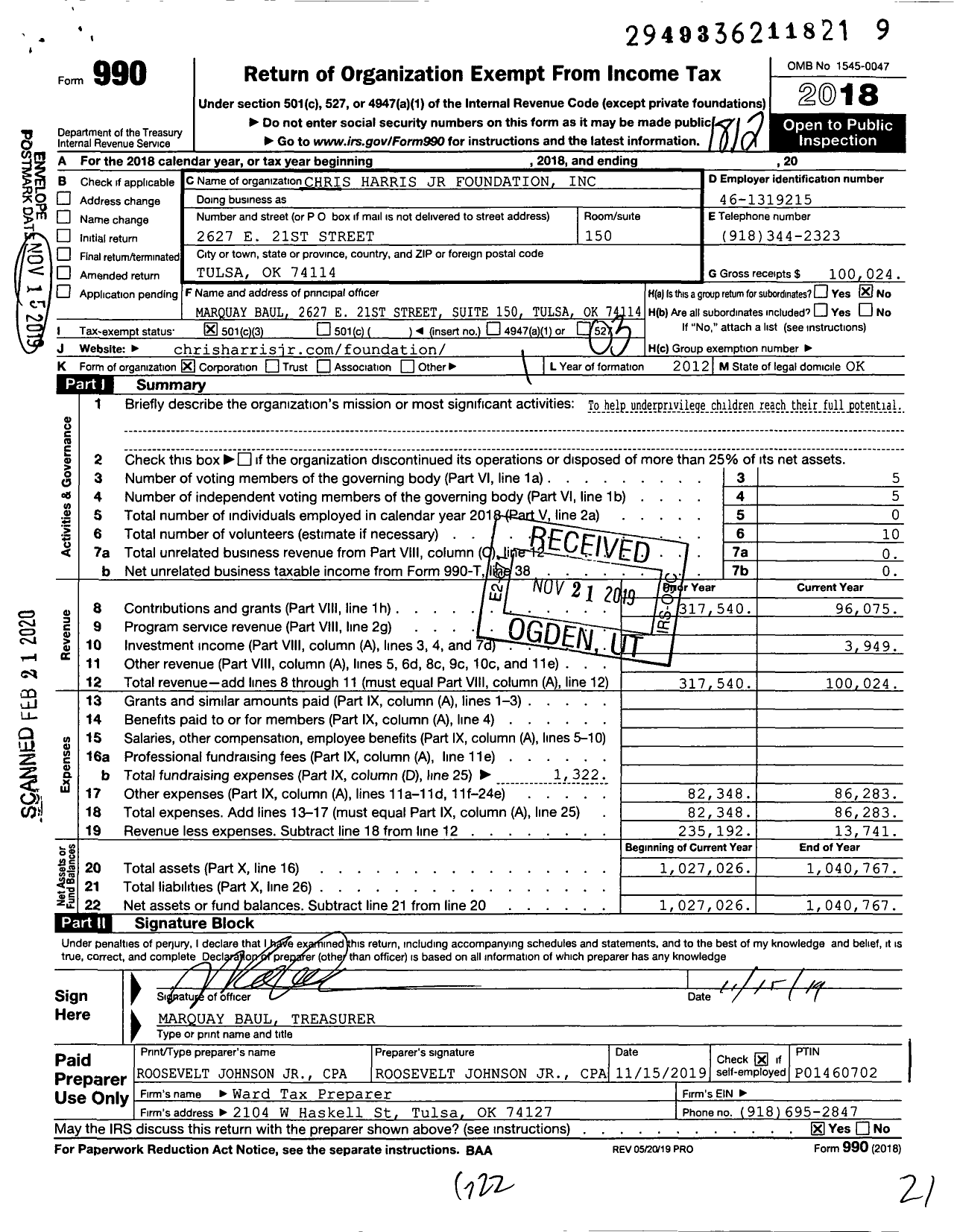 Image of first page of 2018 Form 990 for Chris Harris JR Foundation