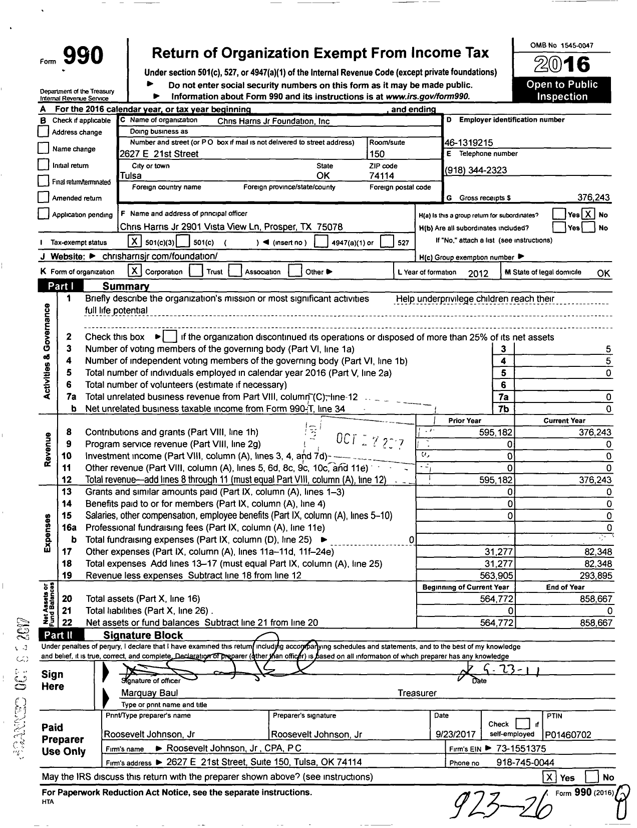 Image of first page of 2016 Form 990 for Chris Harris JR Foundation