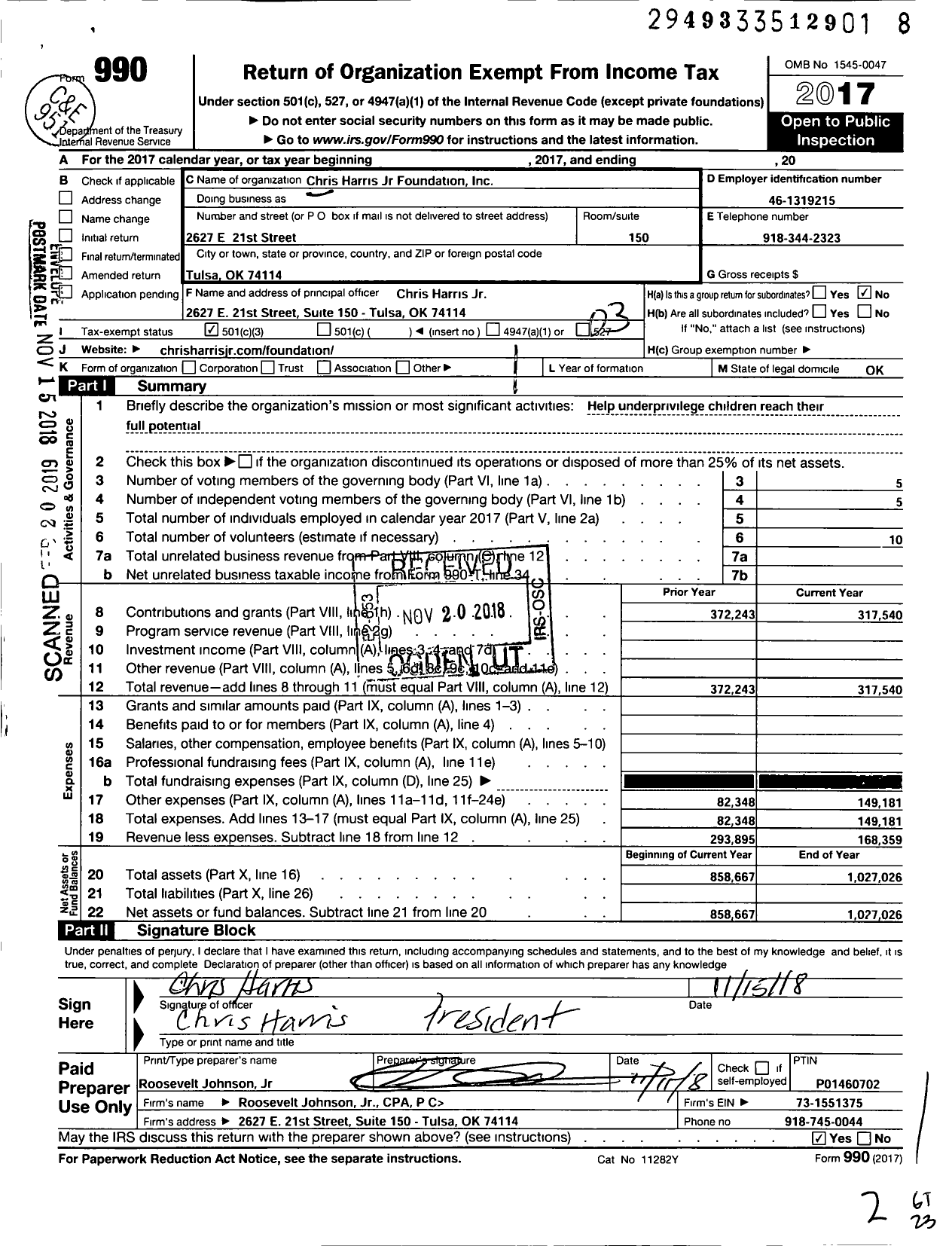Image of first page of 2017 Form 990 for Chris Harris JR Foundation