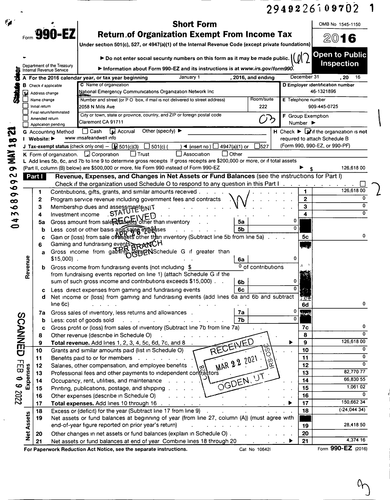 Image of first page of 2016 Form 990EZ for National Emergency Communications Organization Network