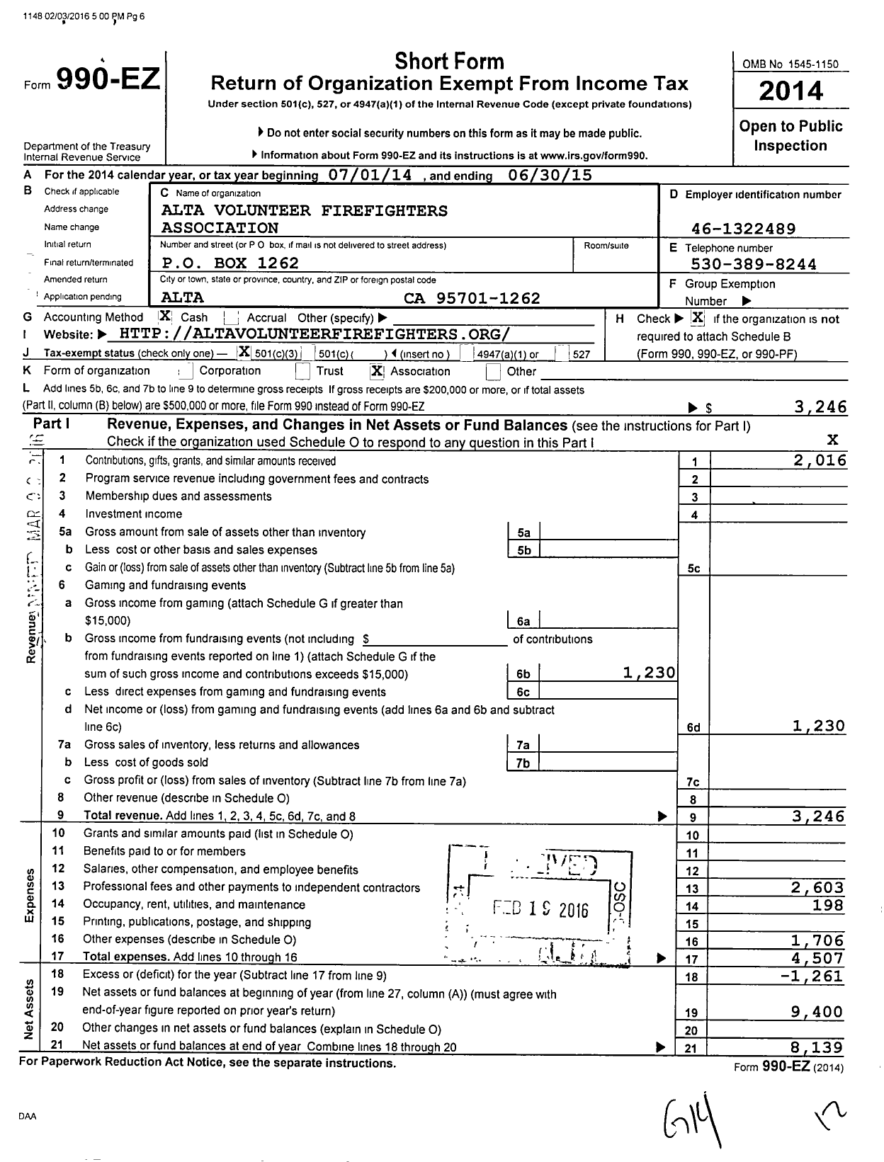 Image of first page of 2050 Form 990EZ for Alta Volunteer Firefighters Association