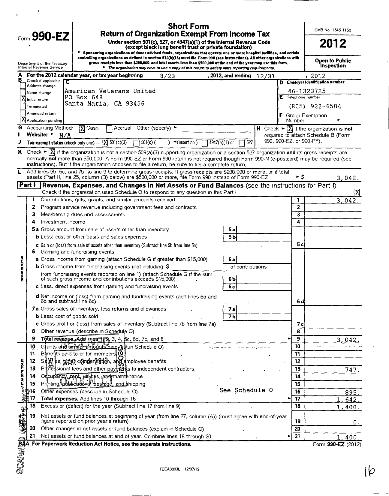 Image of first page of 2012 Form 990EZ for American Veterans United