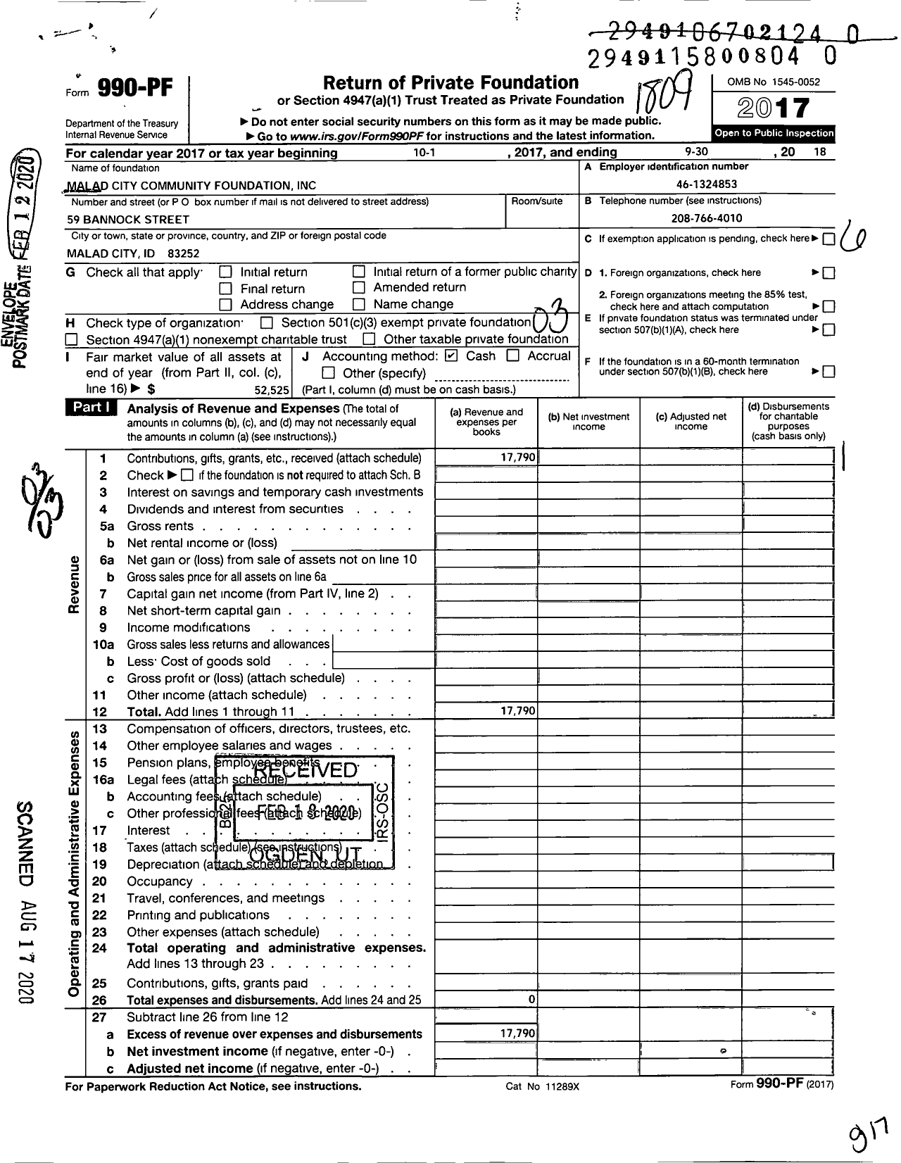 Image of first page of 2017 Form 990PR for Malad City Community Foundation