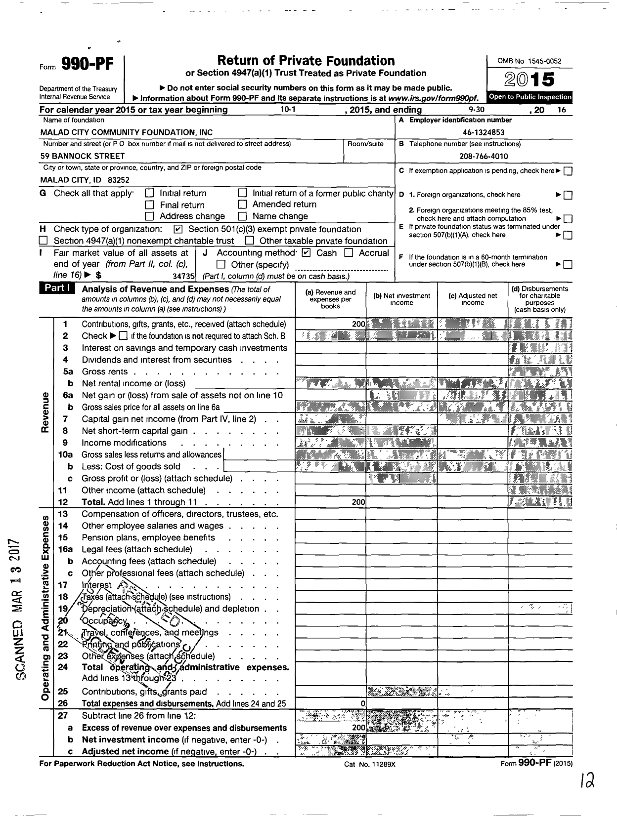 Image of first page of 2015 Form 990PF for Malad City Community Foundation