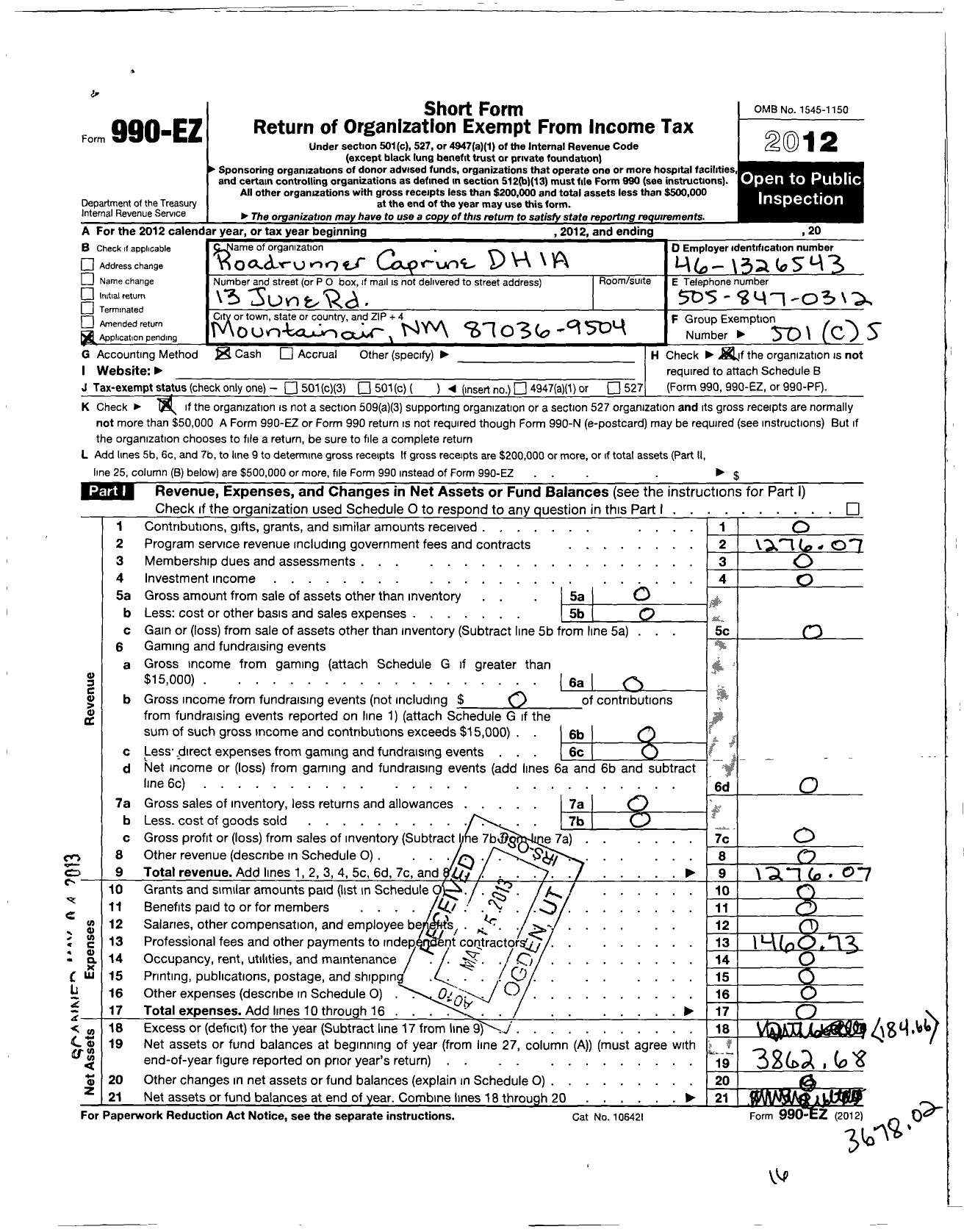 Image of first page of 2012 Form 990EO for Roadrunner Caprine Dairy Herd Improvement Association