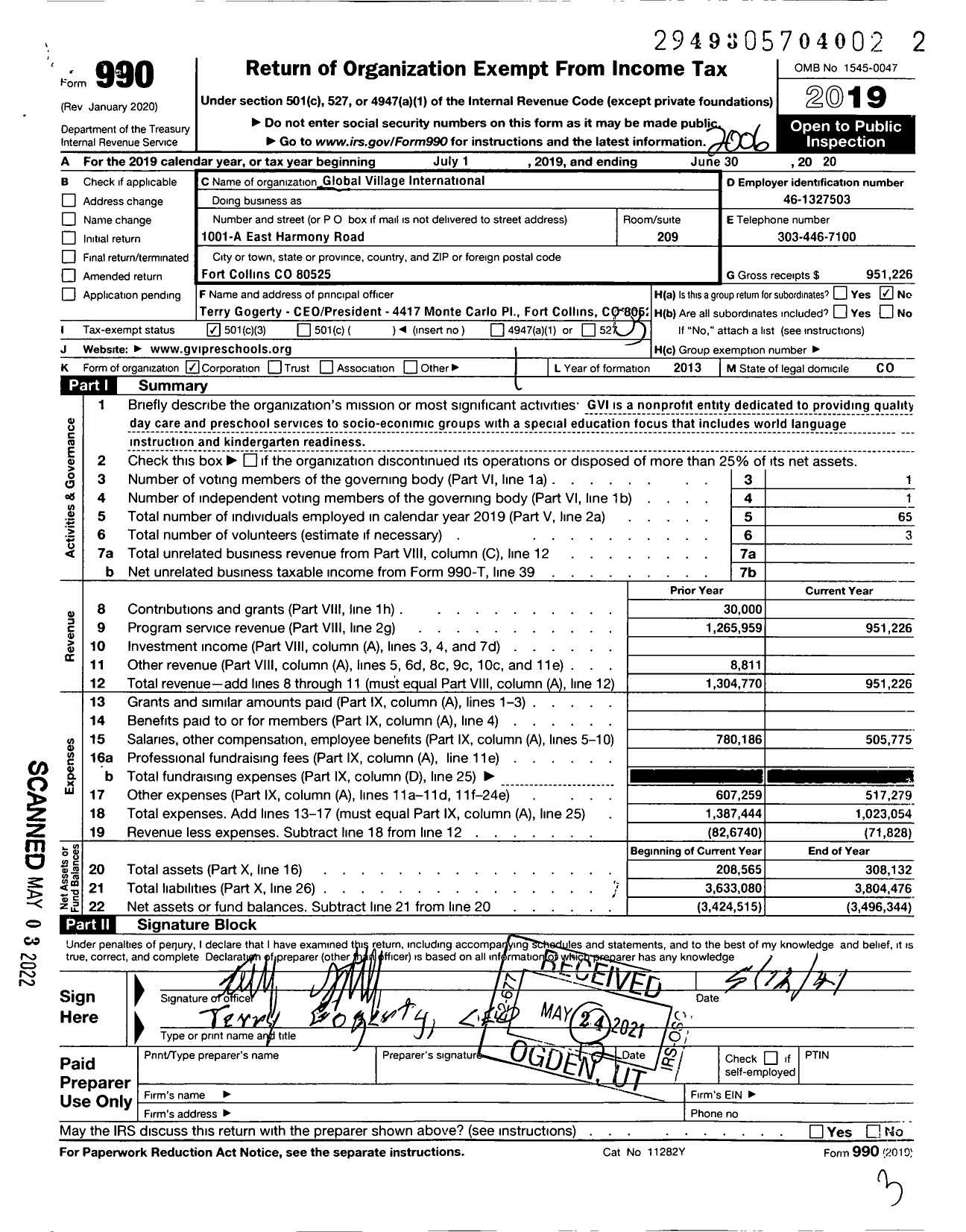 Image of first page of 2019 Form 990 for Global Village International