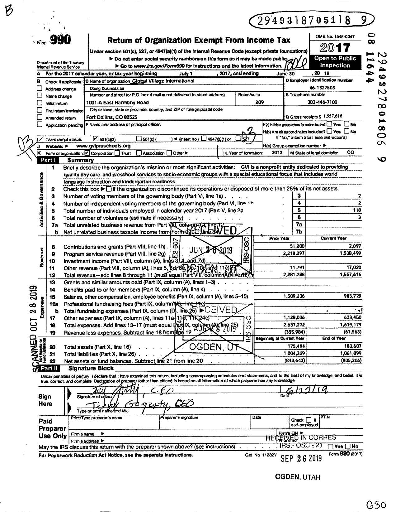 Image of first page of 2017 Form 990 for Global Village International