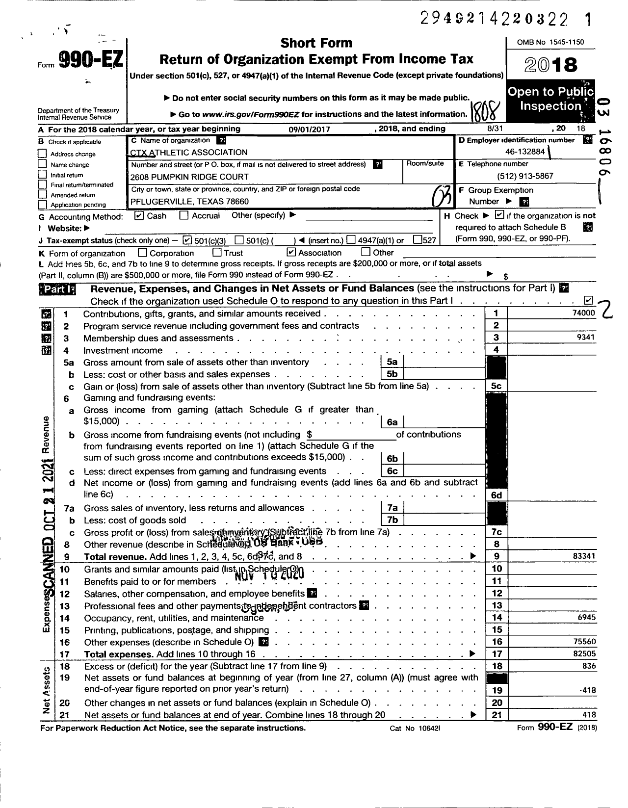 Image of first page of 2017 Form 990EZ for CTX Athletic Association