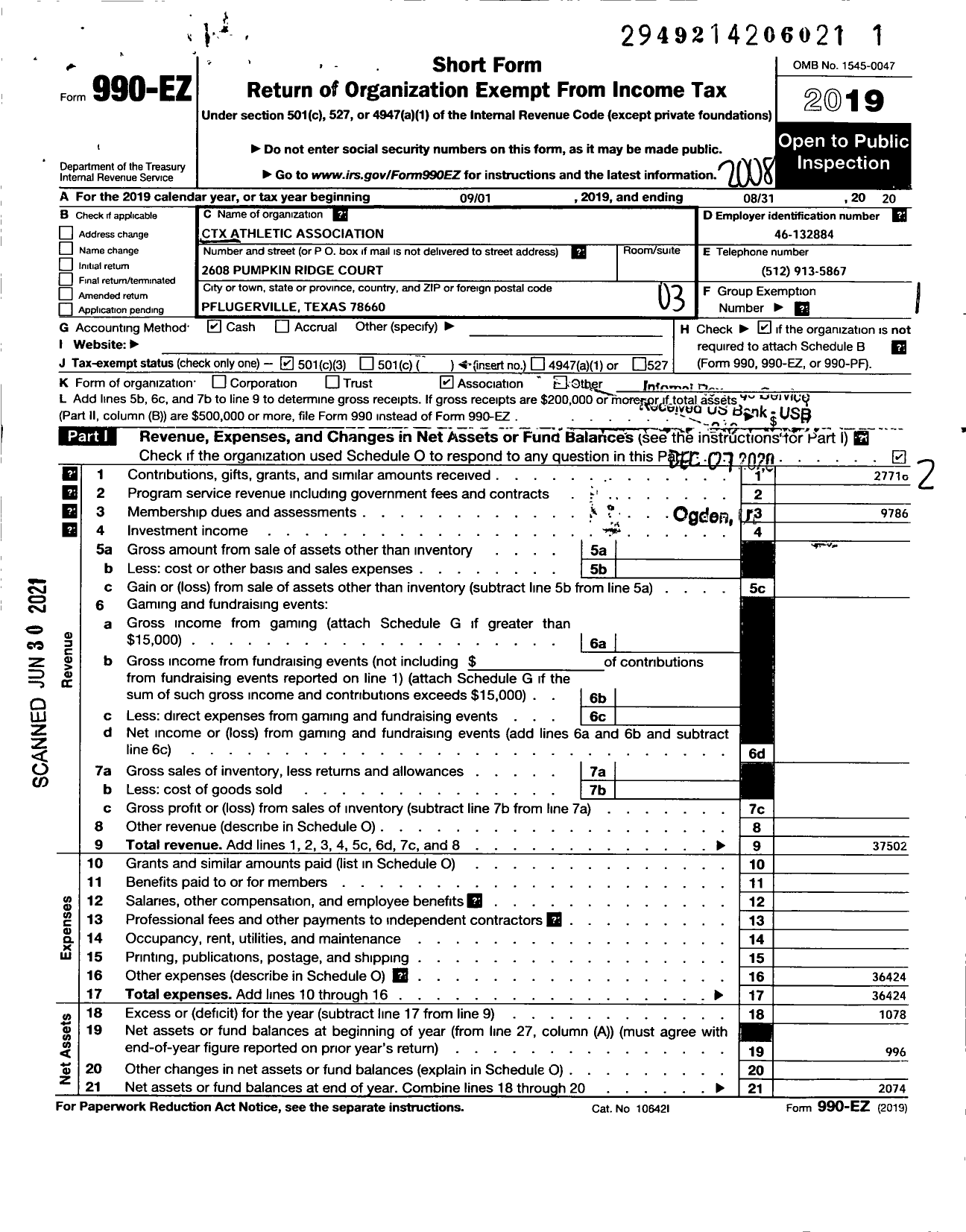 Image of first page of 2019 Form 990EZ for CTX Athletic Association