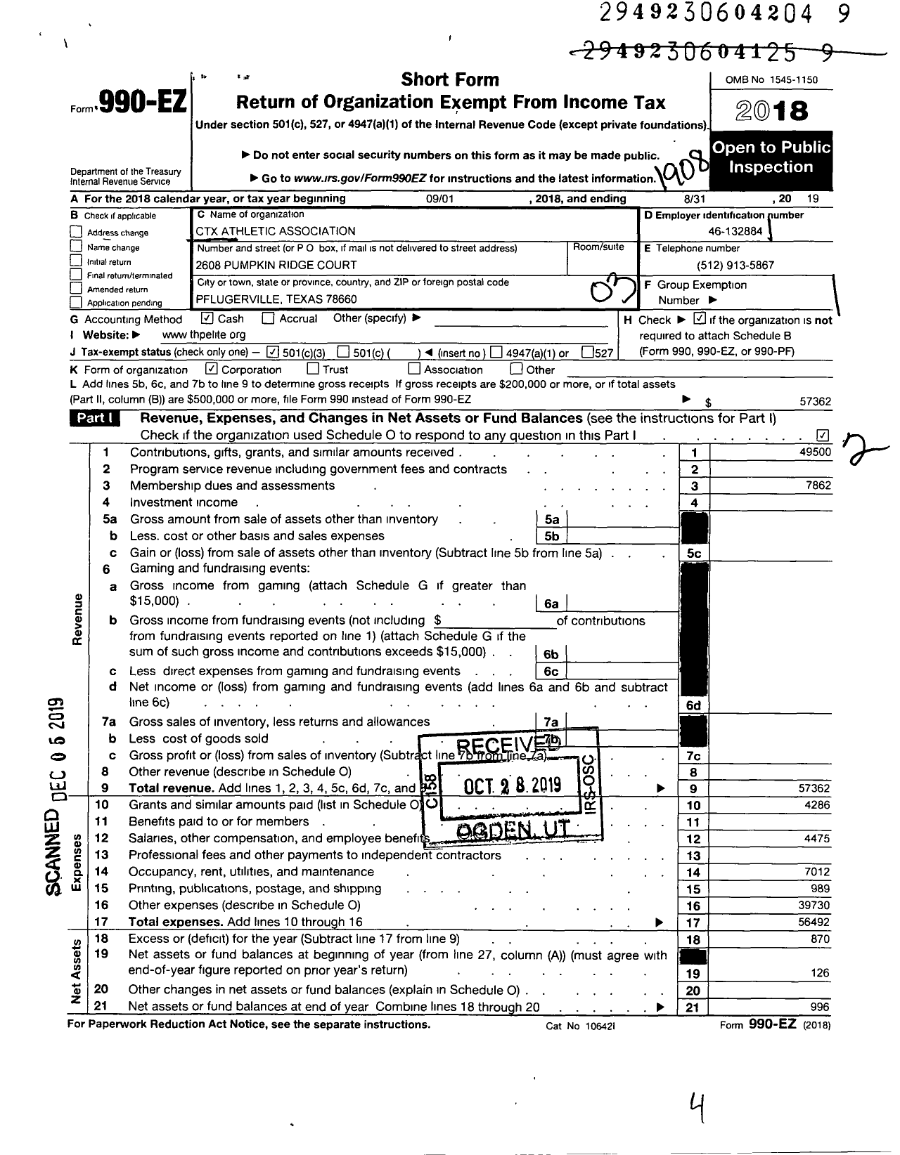 Image of first page of 2018 Form 990EZ for CTX Athletic Association