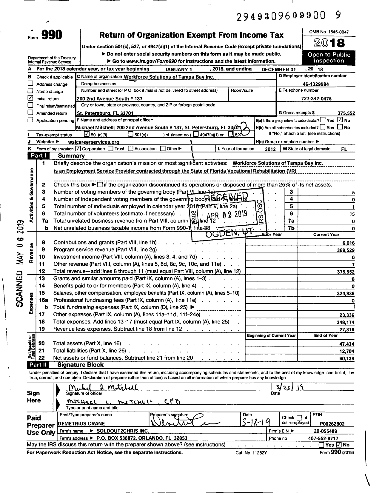 Image of first page of 2018 Form 990 for Workforce Solutions of Tampabay