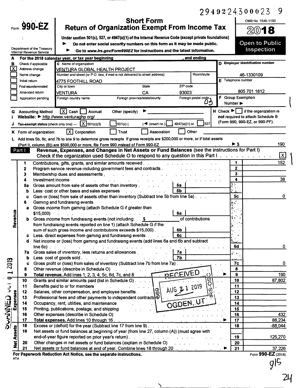 Image of first page of 2018 Form 990EZ for Ventura Global Health Project