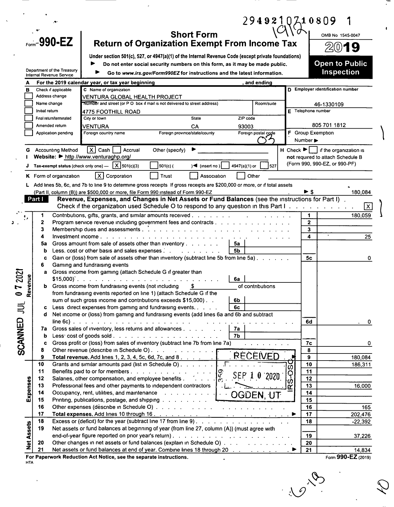 Image of first page of 2019 Form 990EZ for Ventura Global Health Project