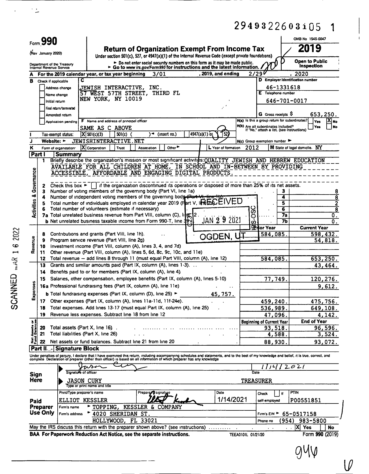 Image of first page of 2019 Form 990 for Jewish Interactive