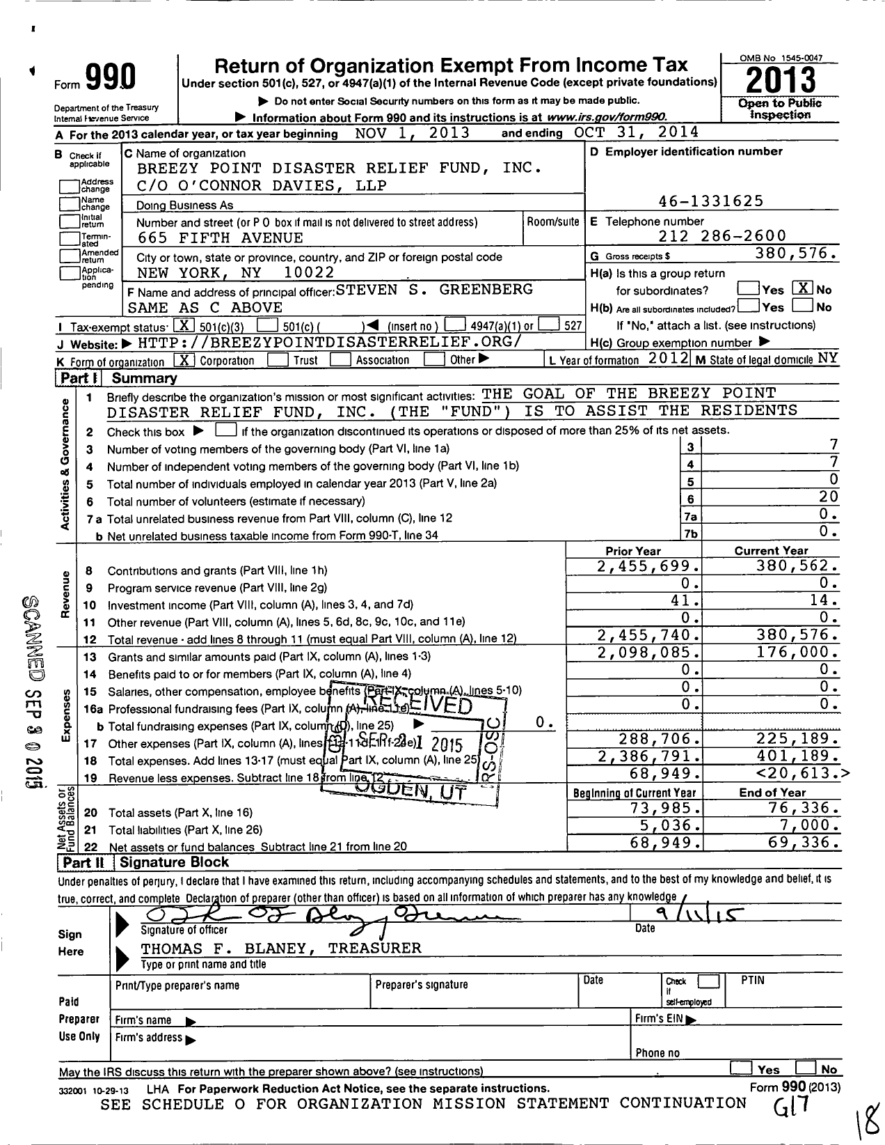 Image of first page of 2013 Form 990 for Breezy Point Disaster Relief Fund