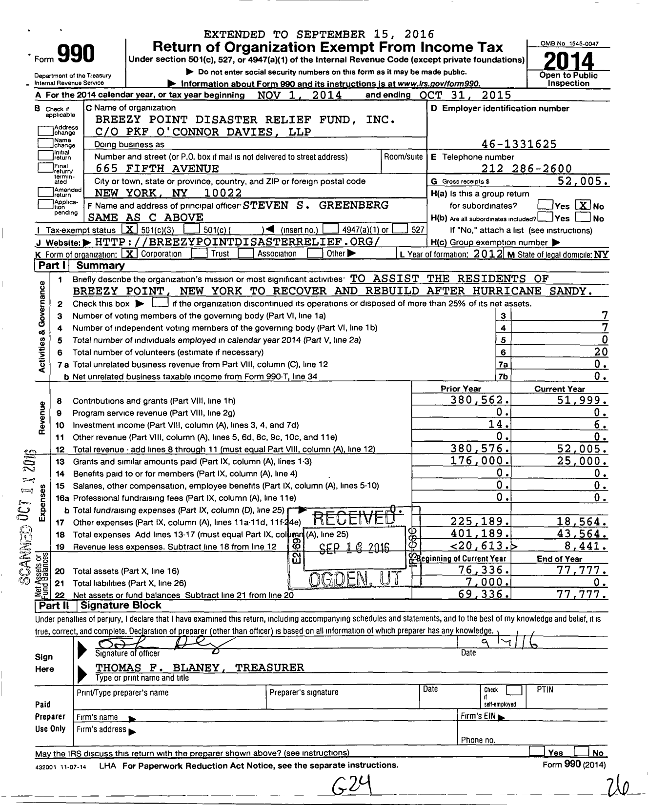 Image of first page of 2014 Form 990 for Breezy Point Disaster Relief Fund