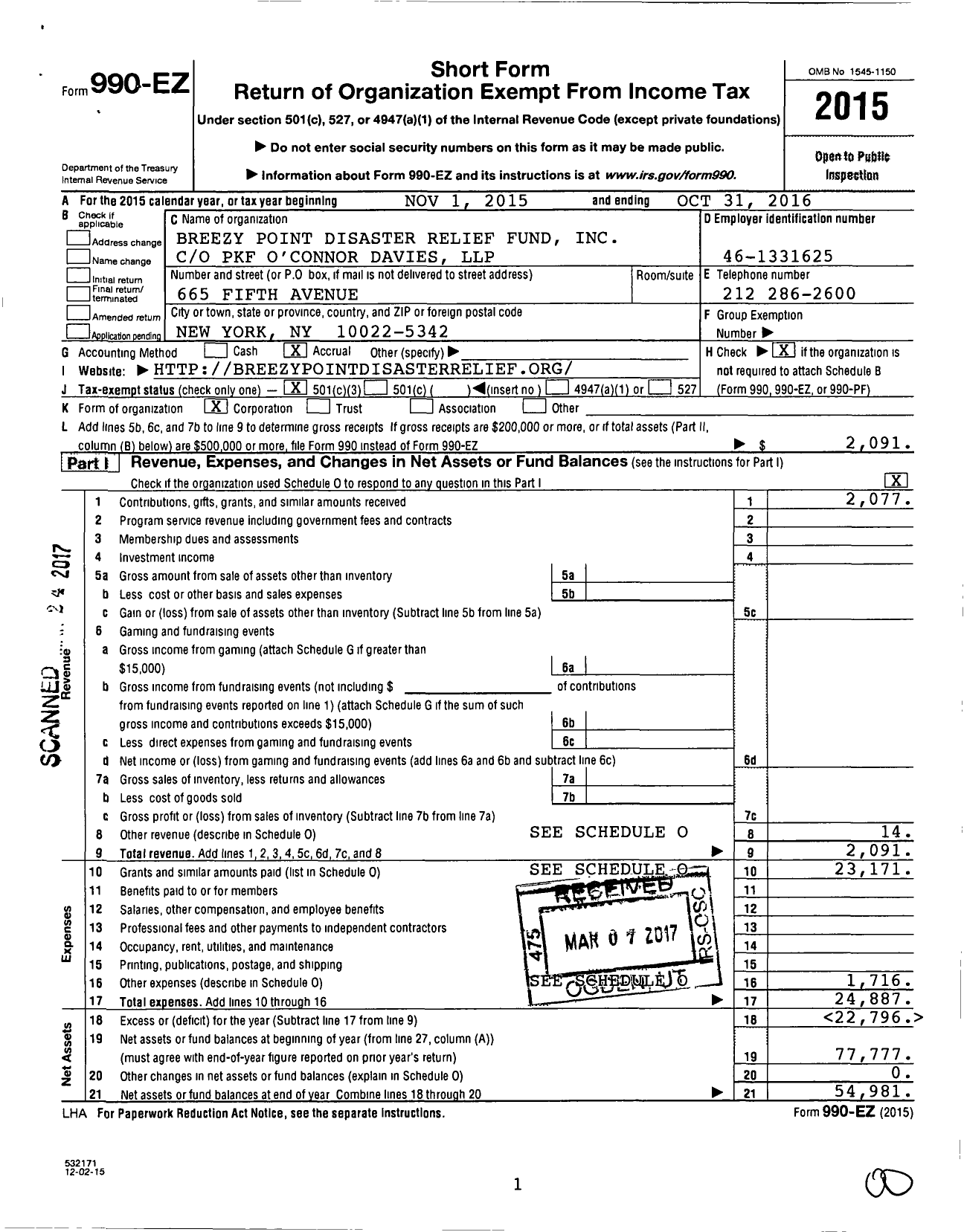 Image of first page of 2015 Form 990EZ for Breezy Point Disaster Relief Fund