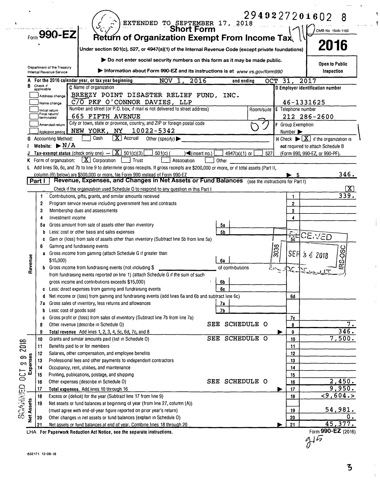 Image of first page of 2016 Form 990EZ for Breezy Point Disaster Relief Fund