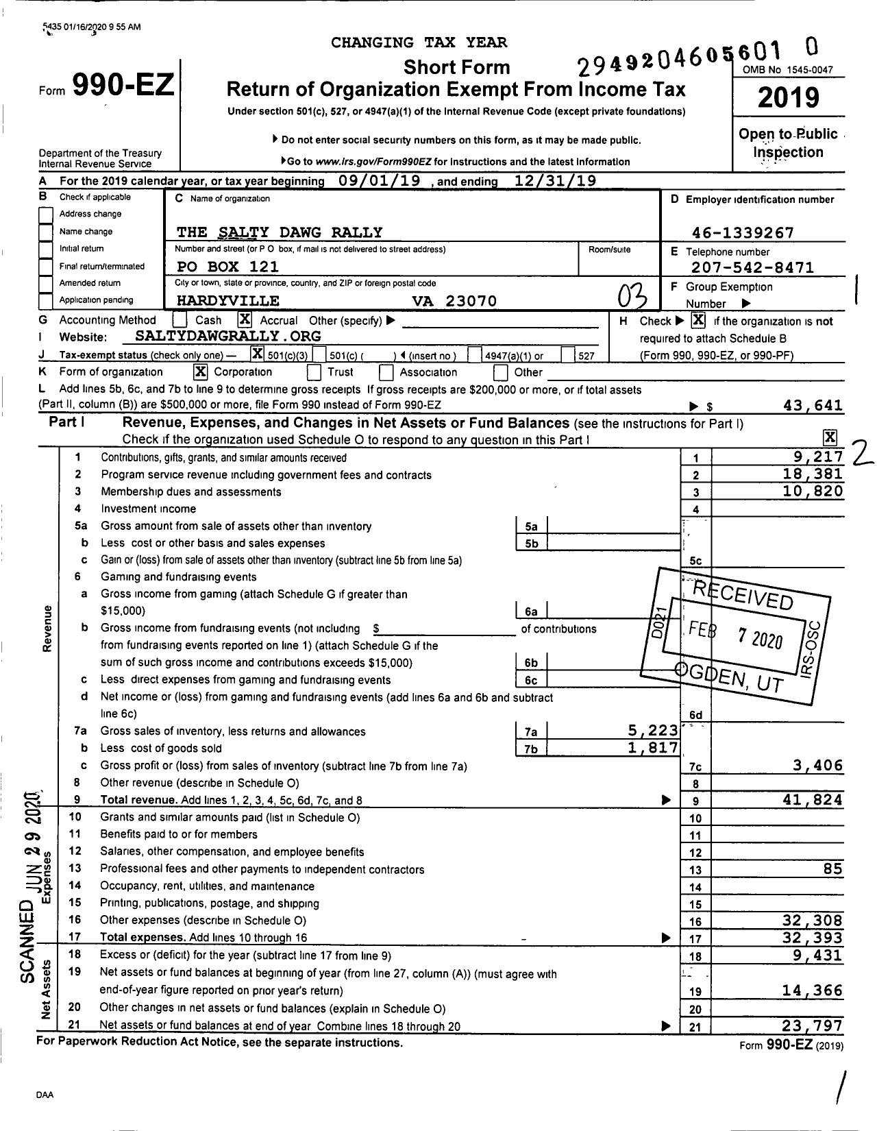 Image of first page of 2019 Form 990EZ for The Salty Dawg Rally