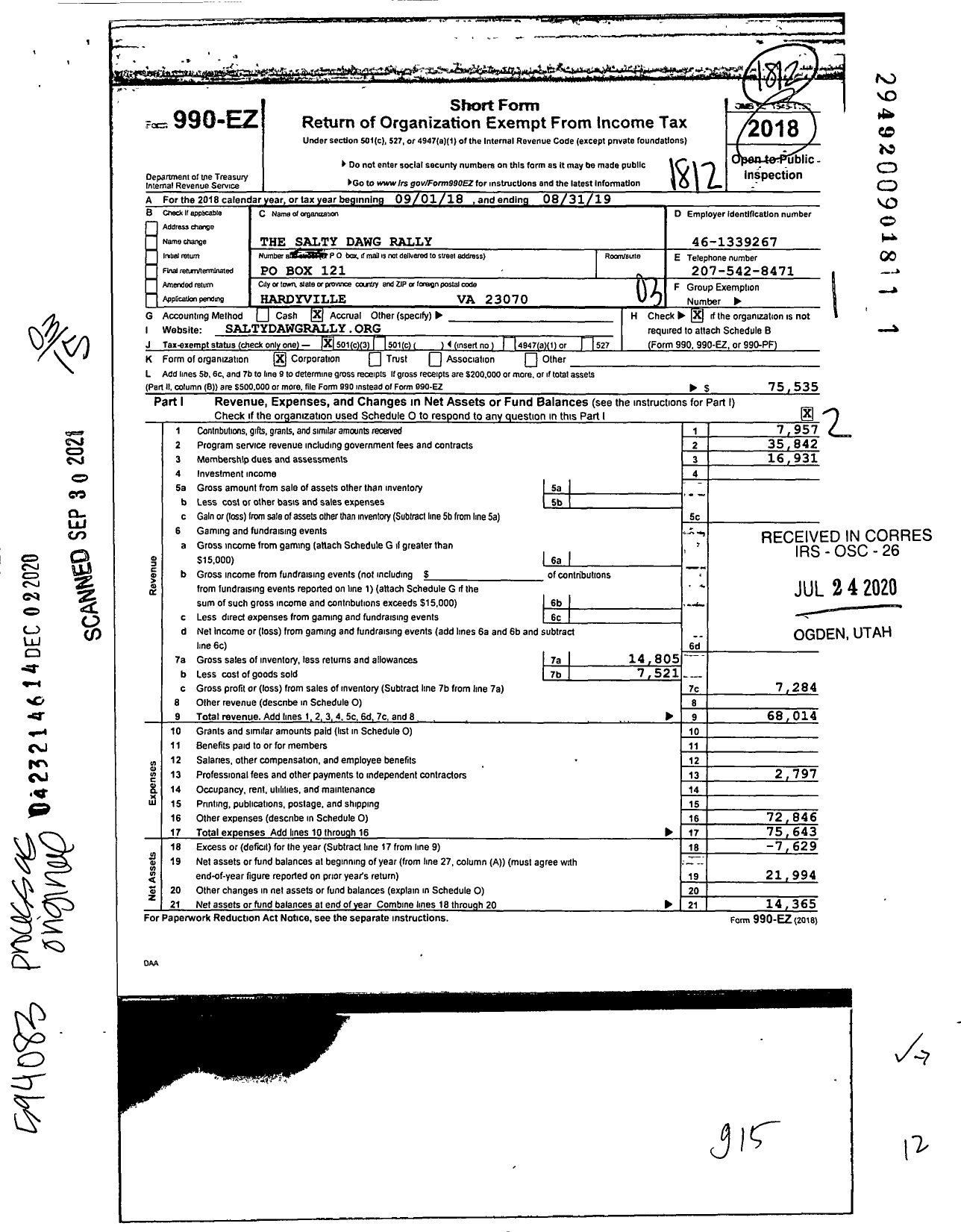 Image of first page of 2018 Form 990EZ for The Salty Dawg Rally