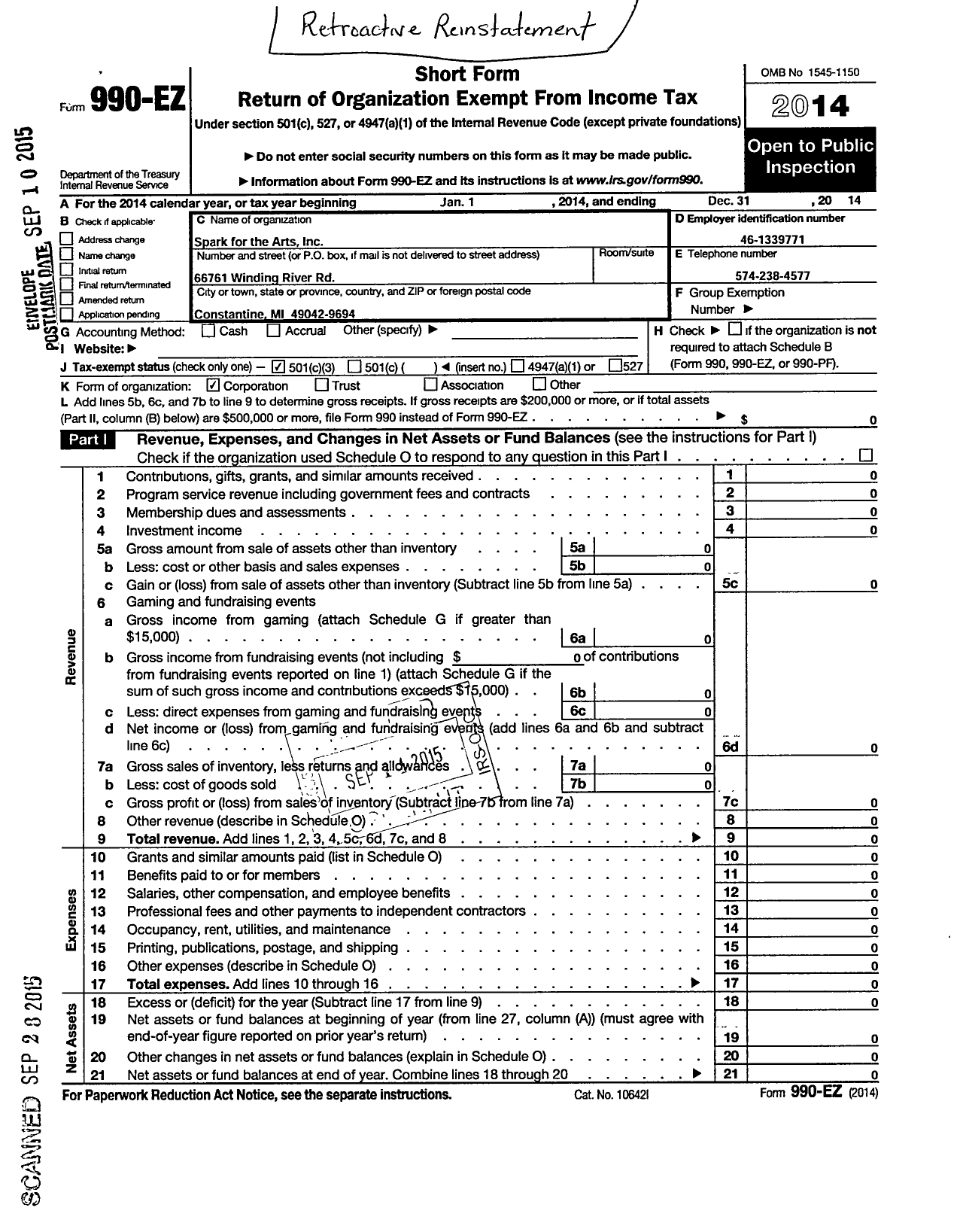 Image of first page of 2014 Form 990EZ for Spark for the Arts