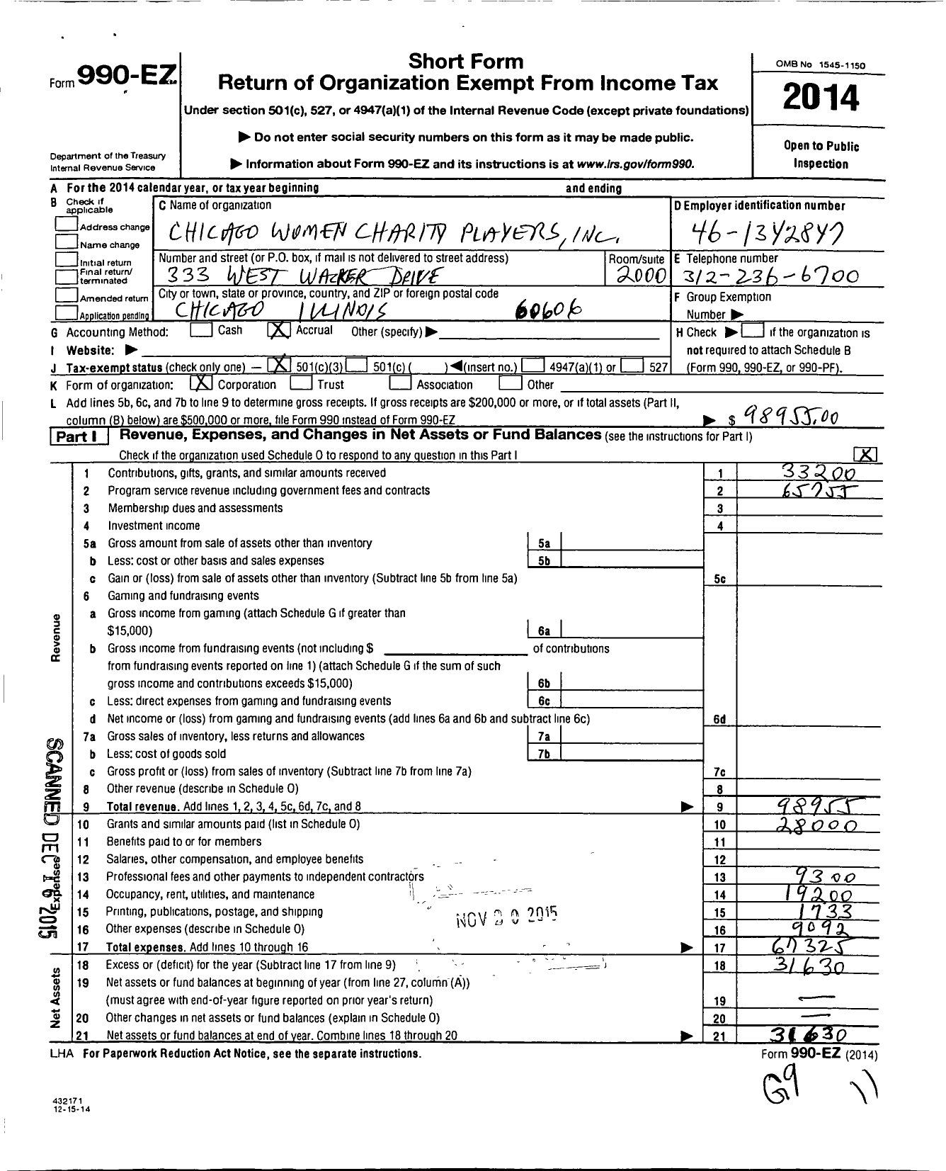 Image of first page of 2014 Form 990EZ for Chicago Women Charity Players