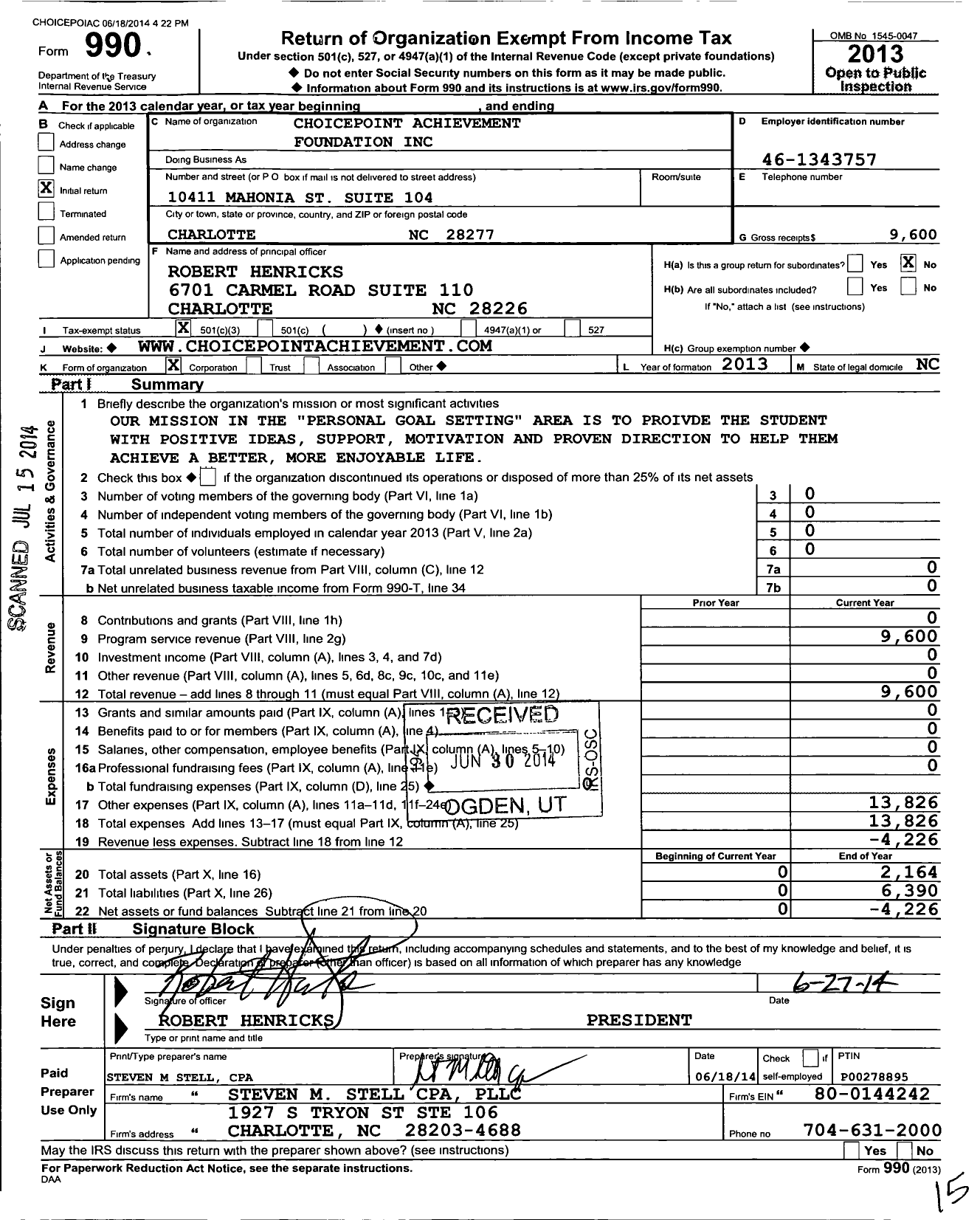 Image of first page of 2013 Form 990 for Choicepoint Achievement Foundation