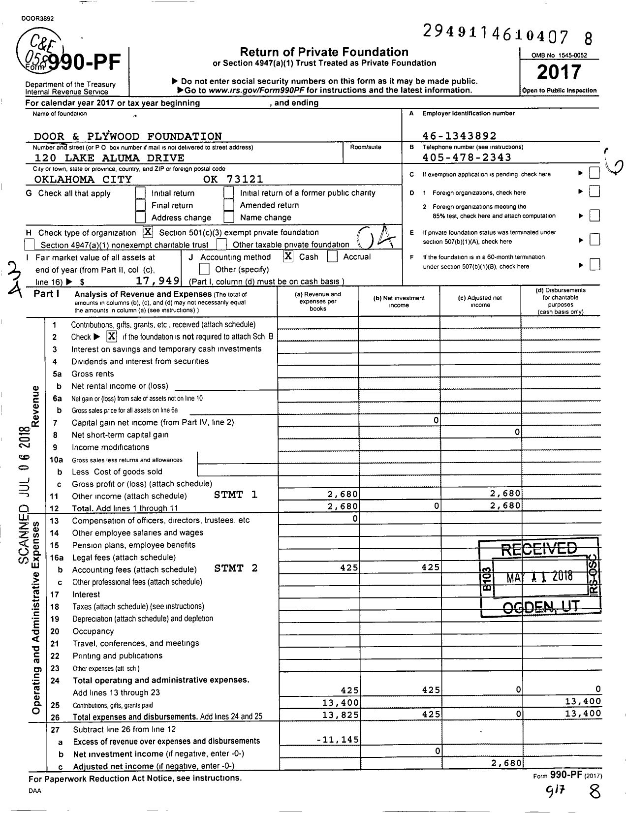 Image of first page of 2017 Form 990PF for Door and Plywood Foundation