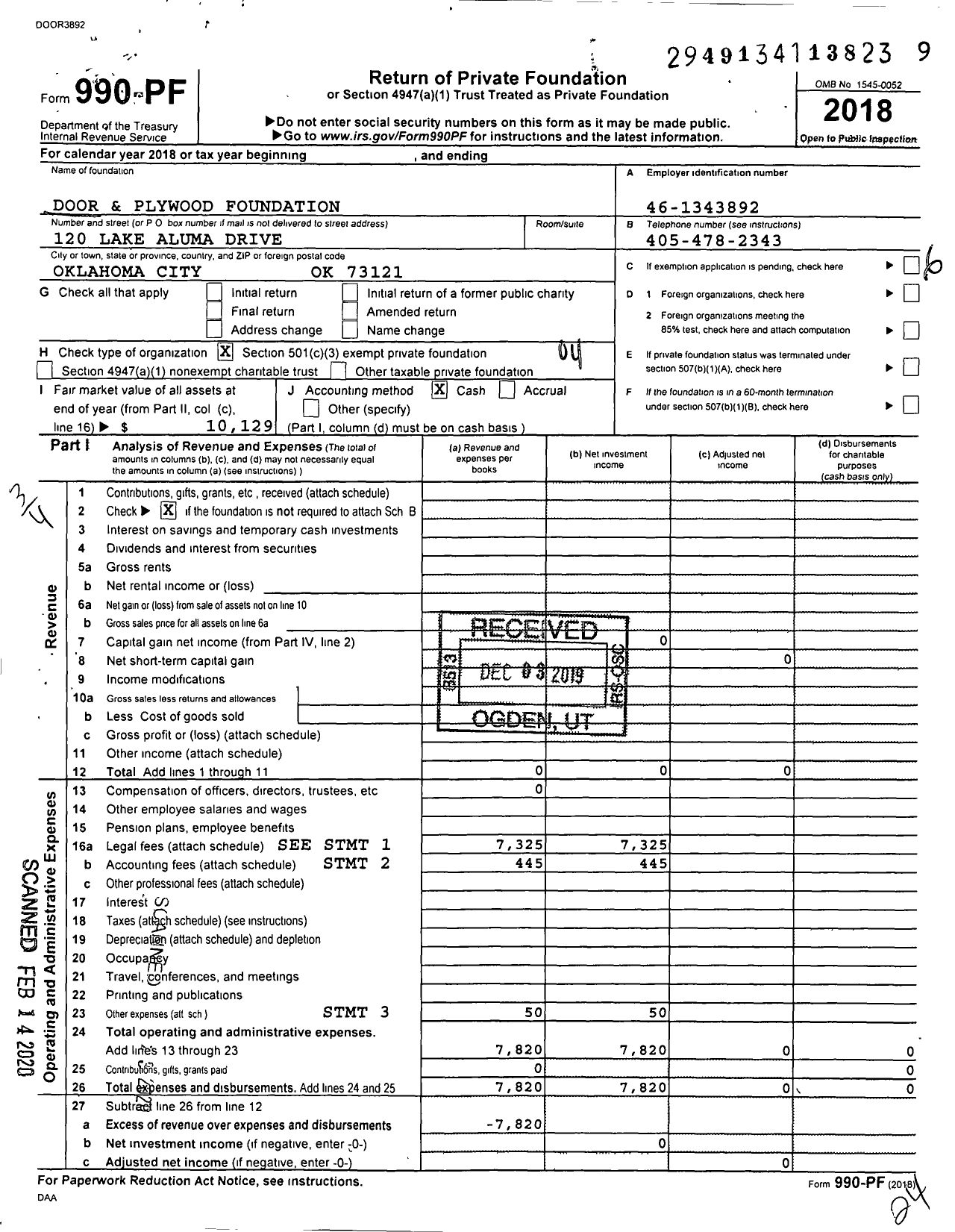 Image of first page of 2018 Form 990PF for Door and Plywood Foundation