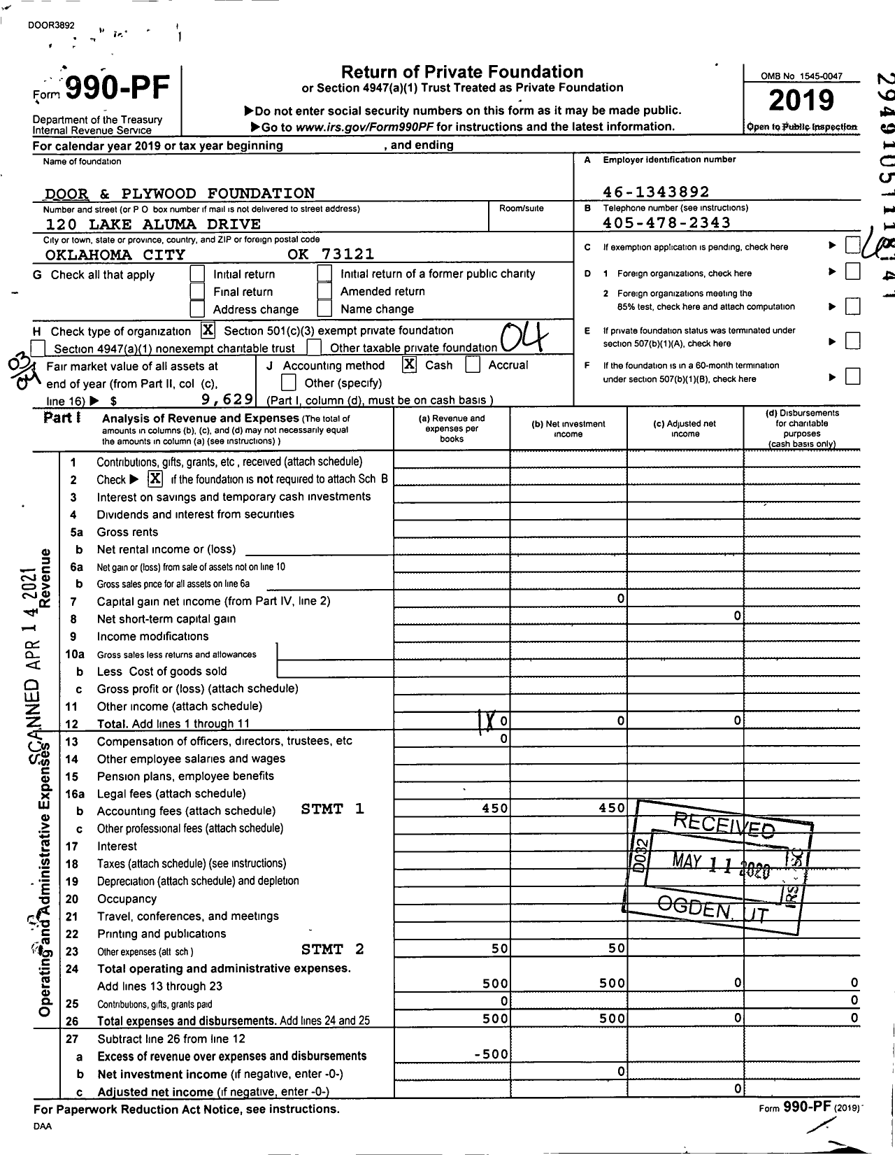 Image of first page of 2019 Form 990PF for Door and Plywood Foundation