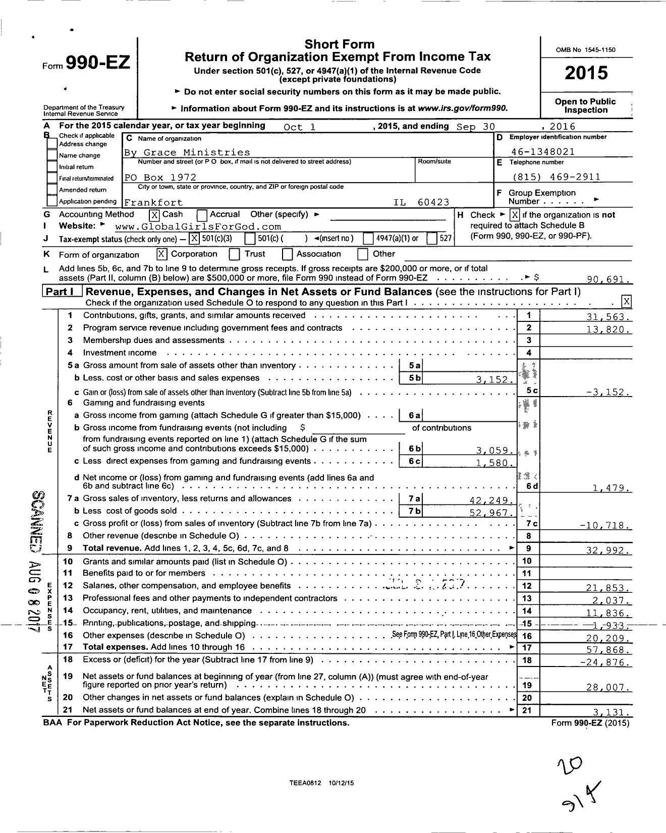 Image of first page of 2015 Form 990EZ for By Grace Ministries