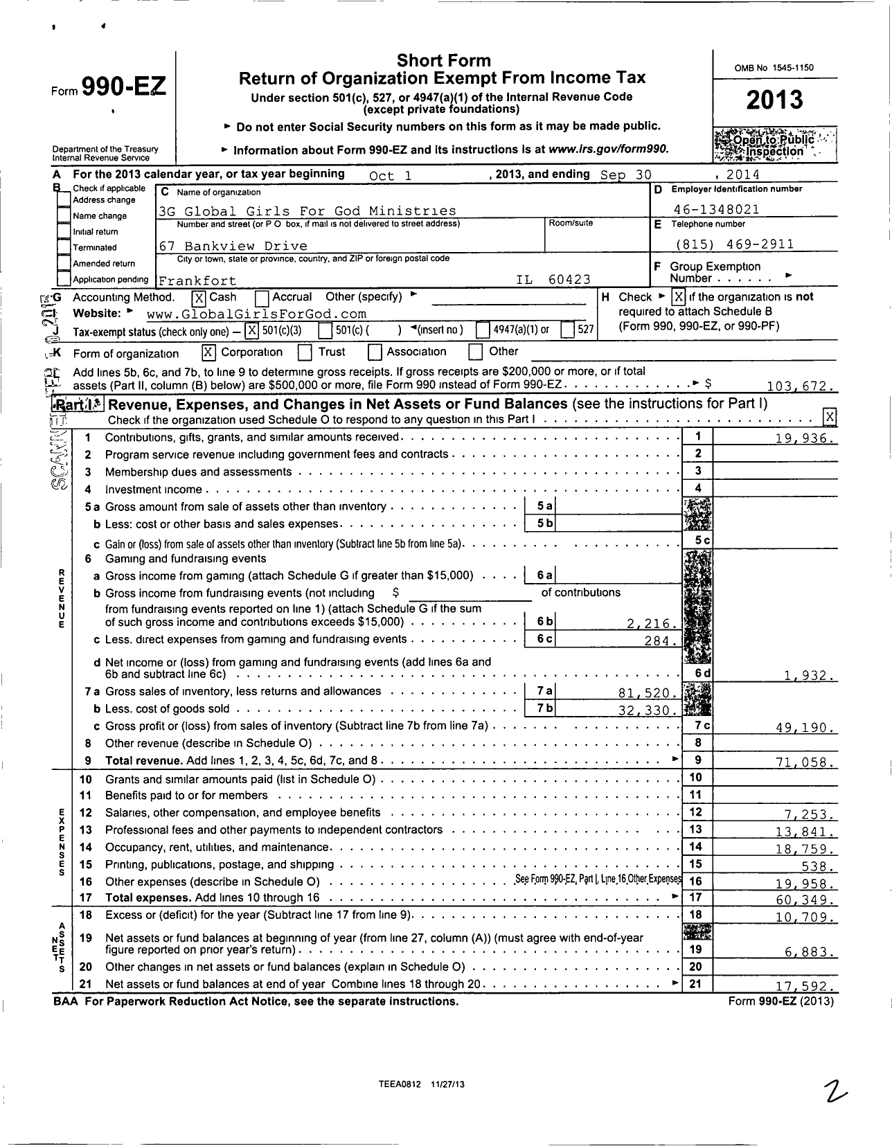 Image of first page of 2013 Form 990EZ for By Grace Ministries