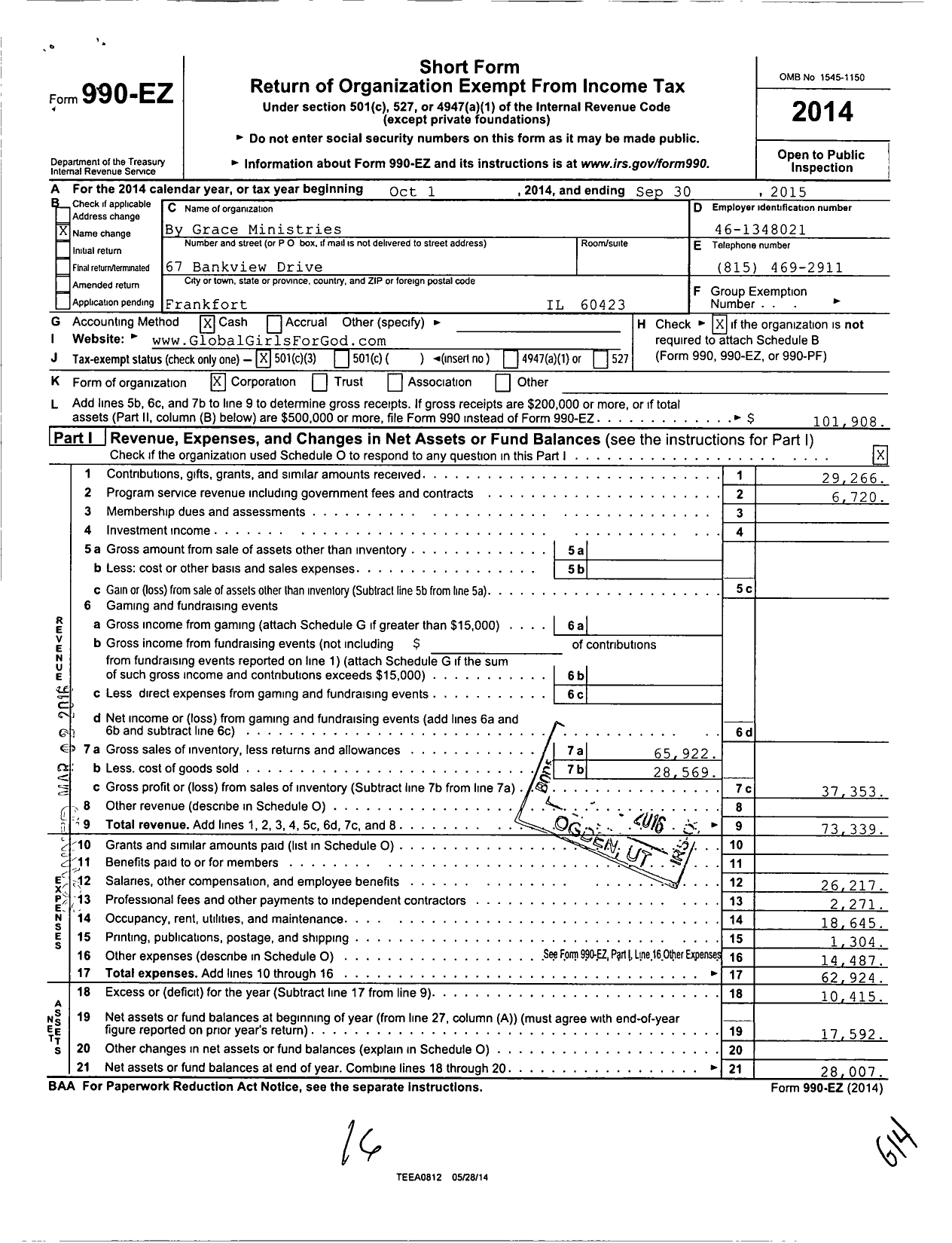 Image of first page of 2014 Form 990EZ for By Grace Ministries