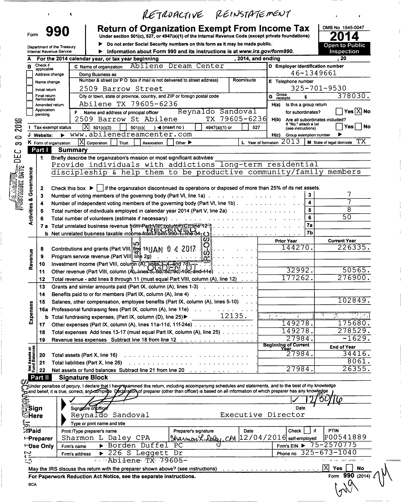 Image of first page of 2014 Form 990 for Abilene Dream Center