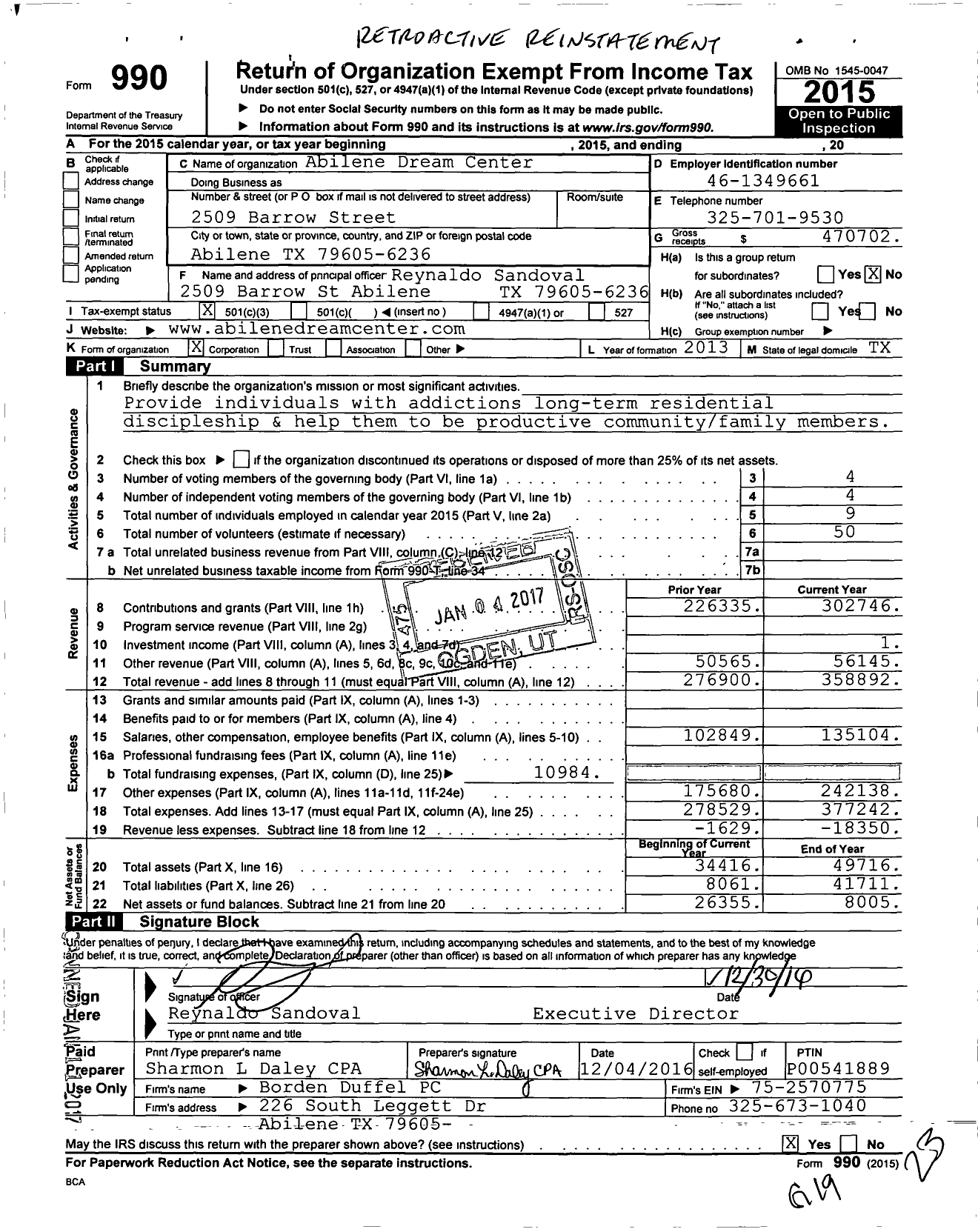 Image of first page of 2015 Form 990 for Abilene Dream Center