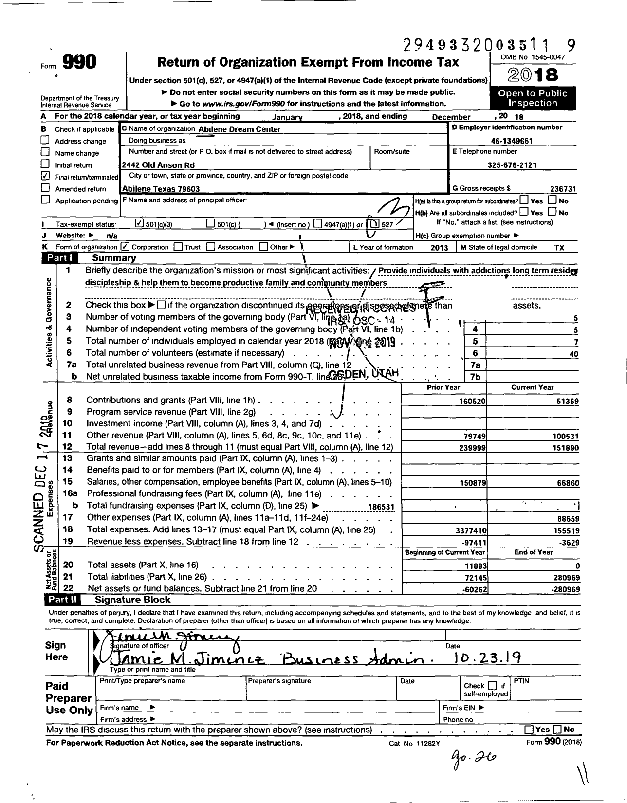 Image of first page of 2018 Form 990 for Abilene Dream Center