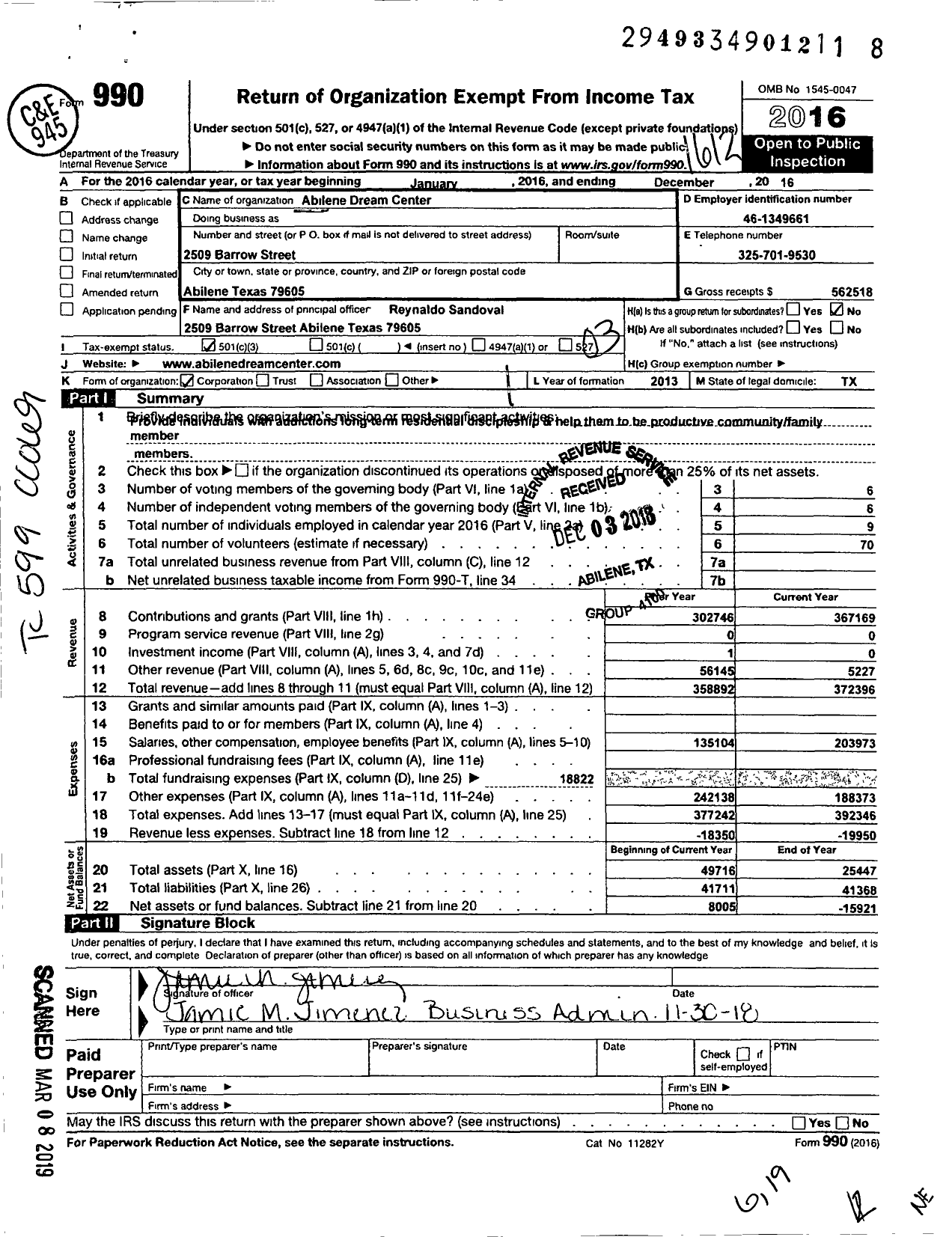 Image of first page of 2016 Form 990 for Abilene Dream Center