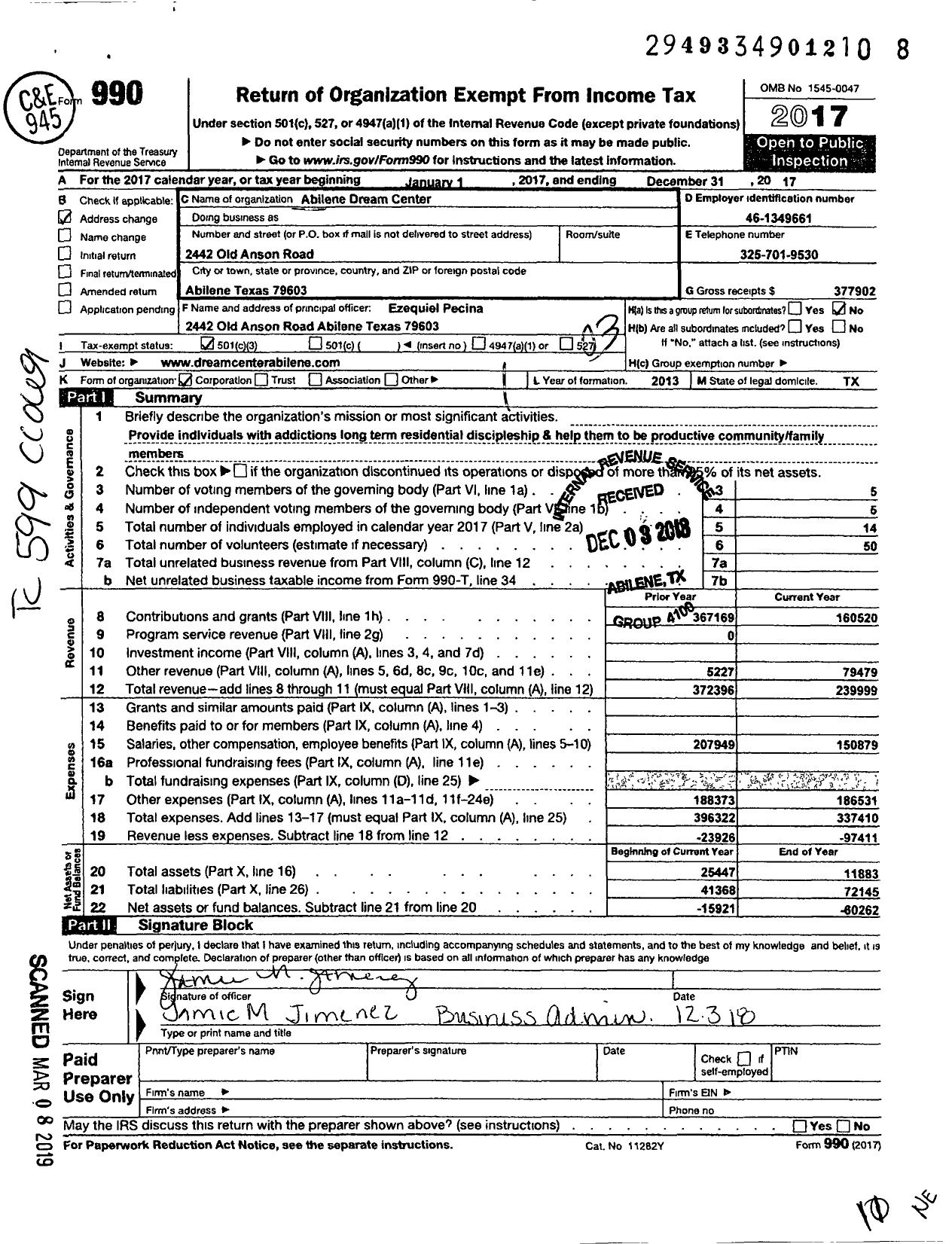 Image of first page of 2017 Form 990 for Abilene Dream Center