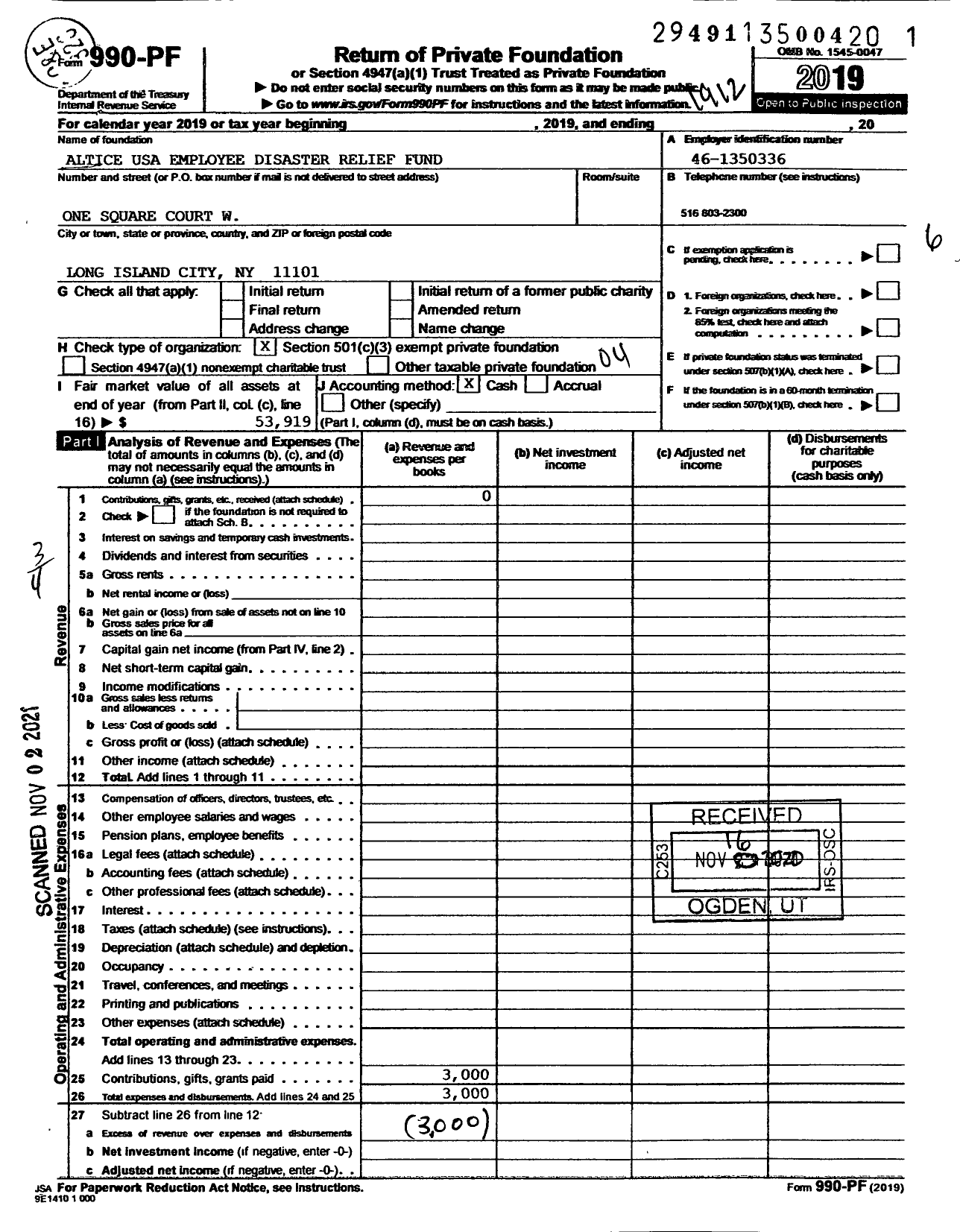 Image of first page of 2019 Form 990PF for Altice USA Employee Disaster Relief Fund